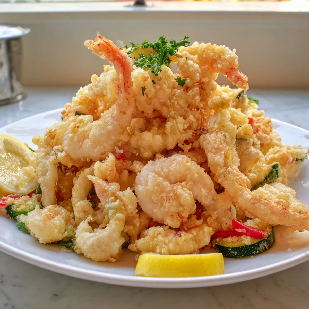 Platter of Crispy Shrimp Fritto Misto, golden crunch with lemon wedges  