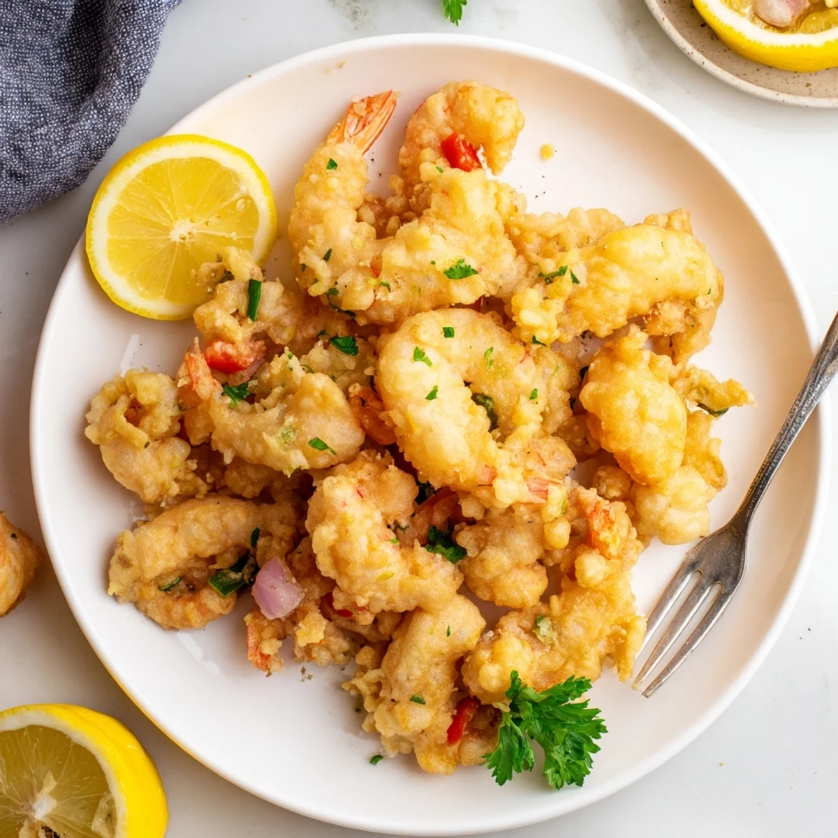Close-up of Crispy Shrimp Fritto Misto, light airy batter glistening with oil  