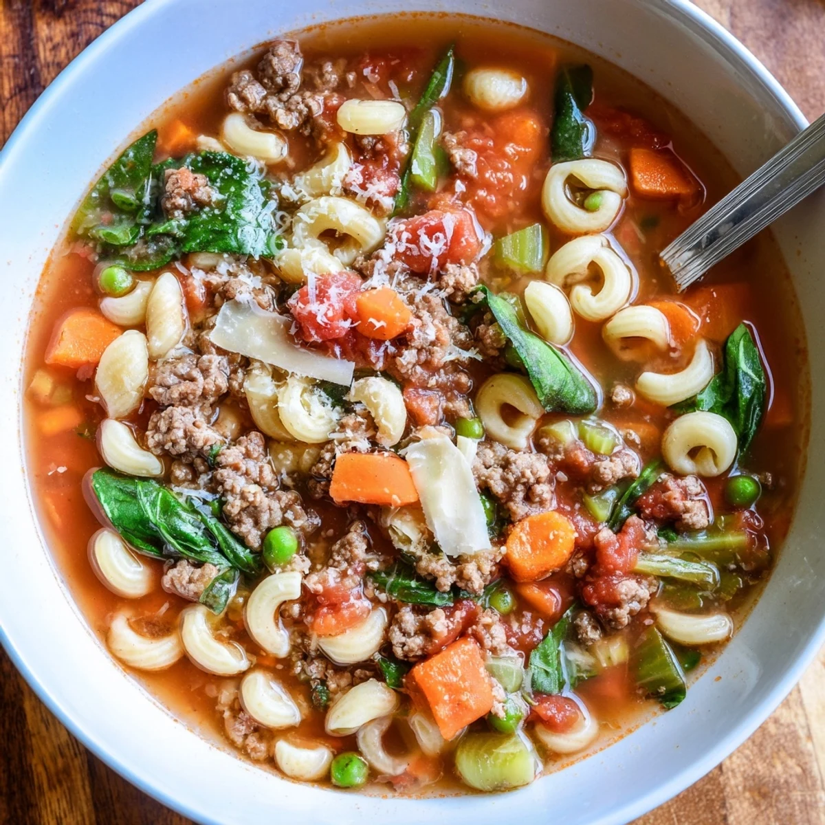 Steaming bowl of Delicious Homemade Ground Beef Pasta Soup Recipe For Comfort