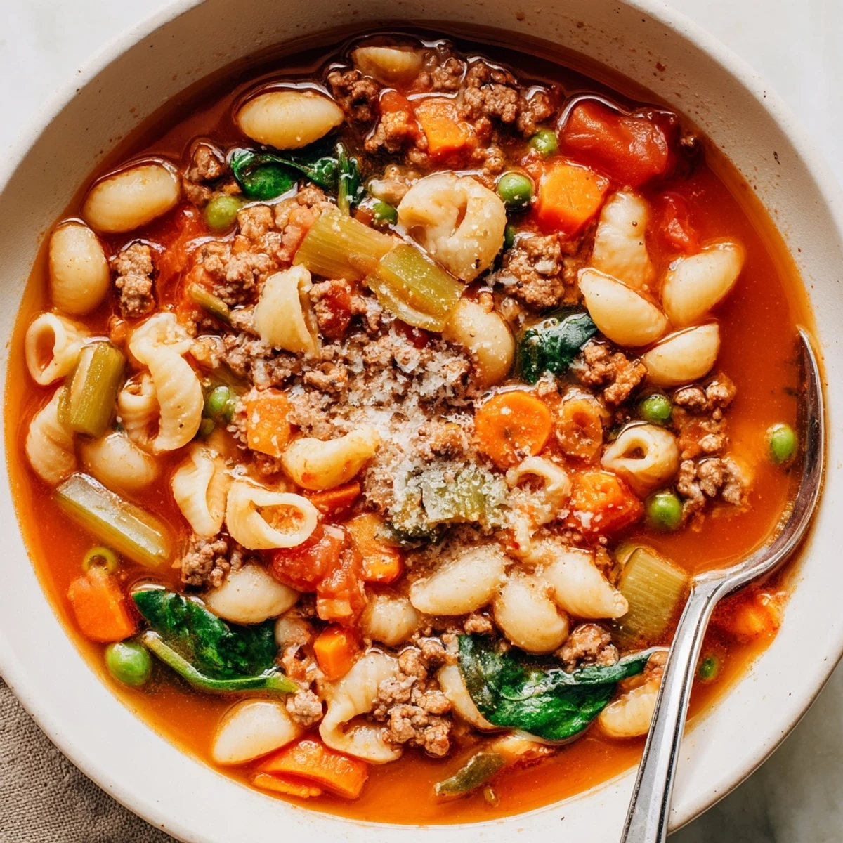 Savory, hearty Delicious Homemade Ground Beef Pasta Soup Recipe For Comfort topped with Parmesan