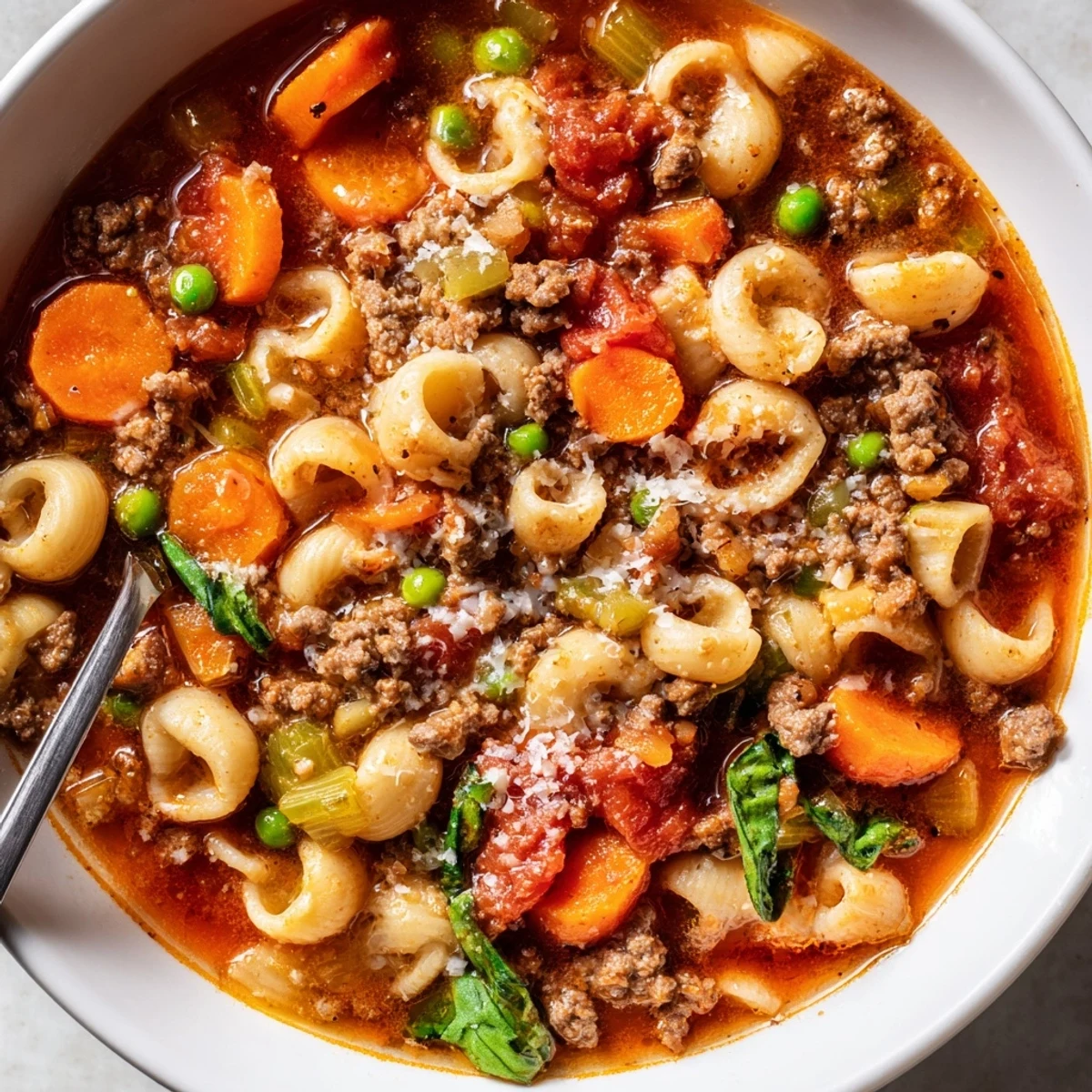 Weeknight dinner: Delicious Homemade Ground Beef Pasta Soup Recipe For Comfort with crusty bread