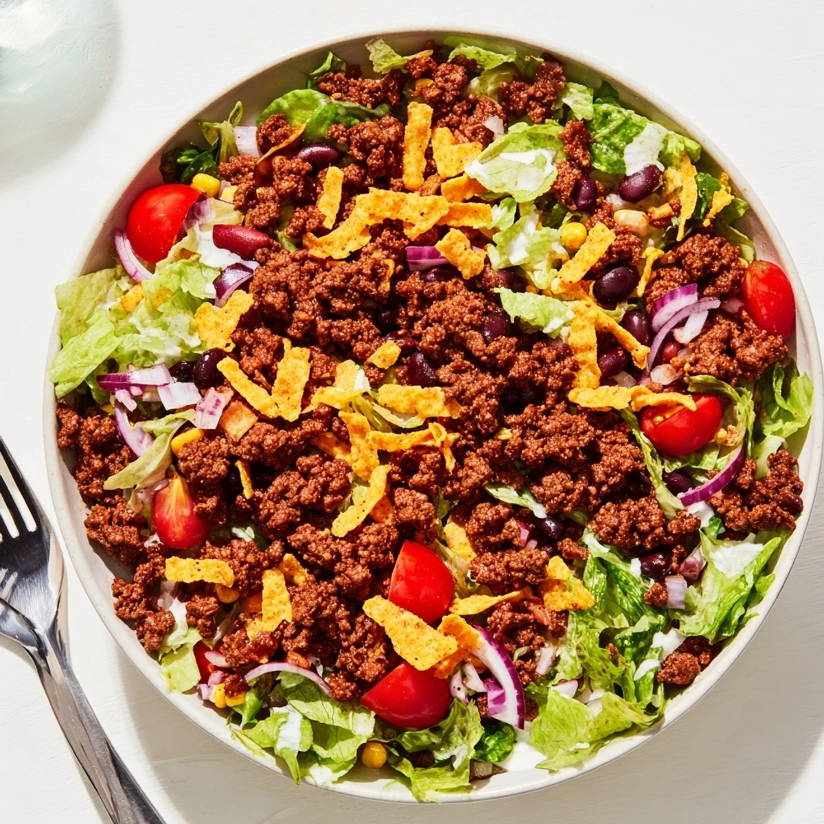 Simple Doritos Taco Salad with crunchy chips, seasoned beef, bright tomatoes.