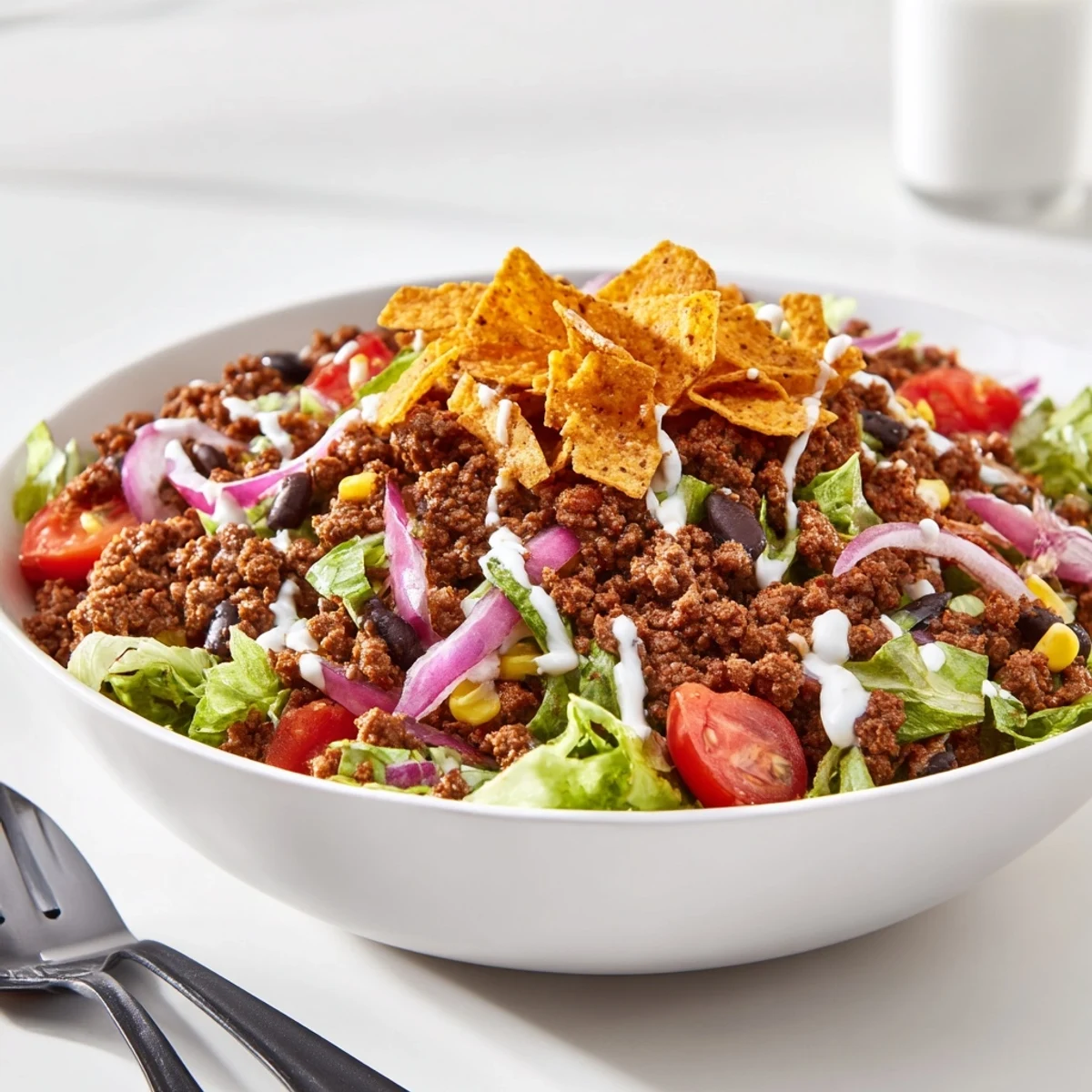 Bowl of Simple Doritos Taco Salad tossed with creamy ranch, crisp lettuce.