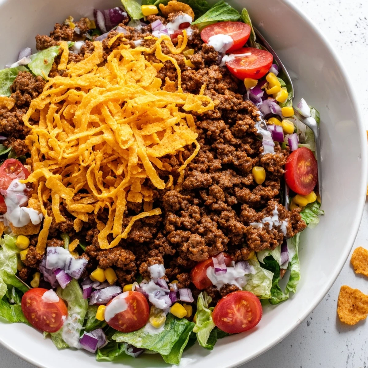 Party-style Simple Doritos Taco Salad served immediately to keep chips extra crunchy.