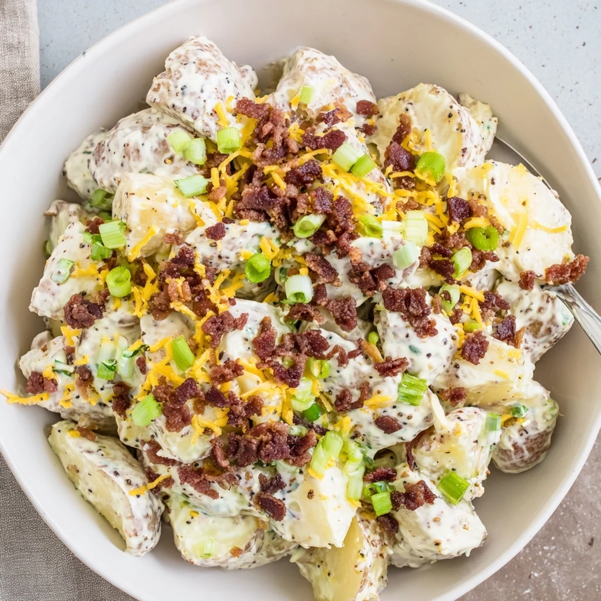 Beef Bacon Loaded Potato Salad piled in bowl, creamy, smoky, cheddar-studded