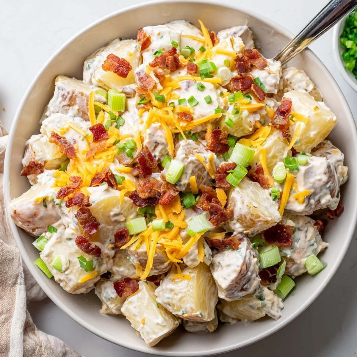 Served warm, Beef Bacon Loaded Potato Salad with crispy bacon garnish and parsley