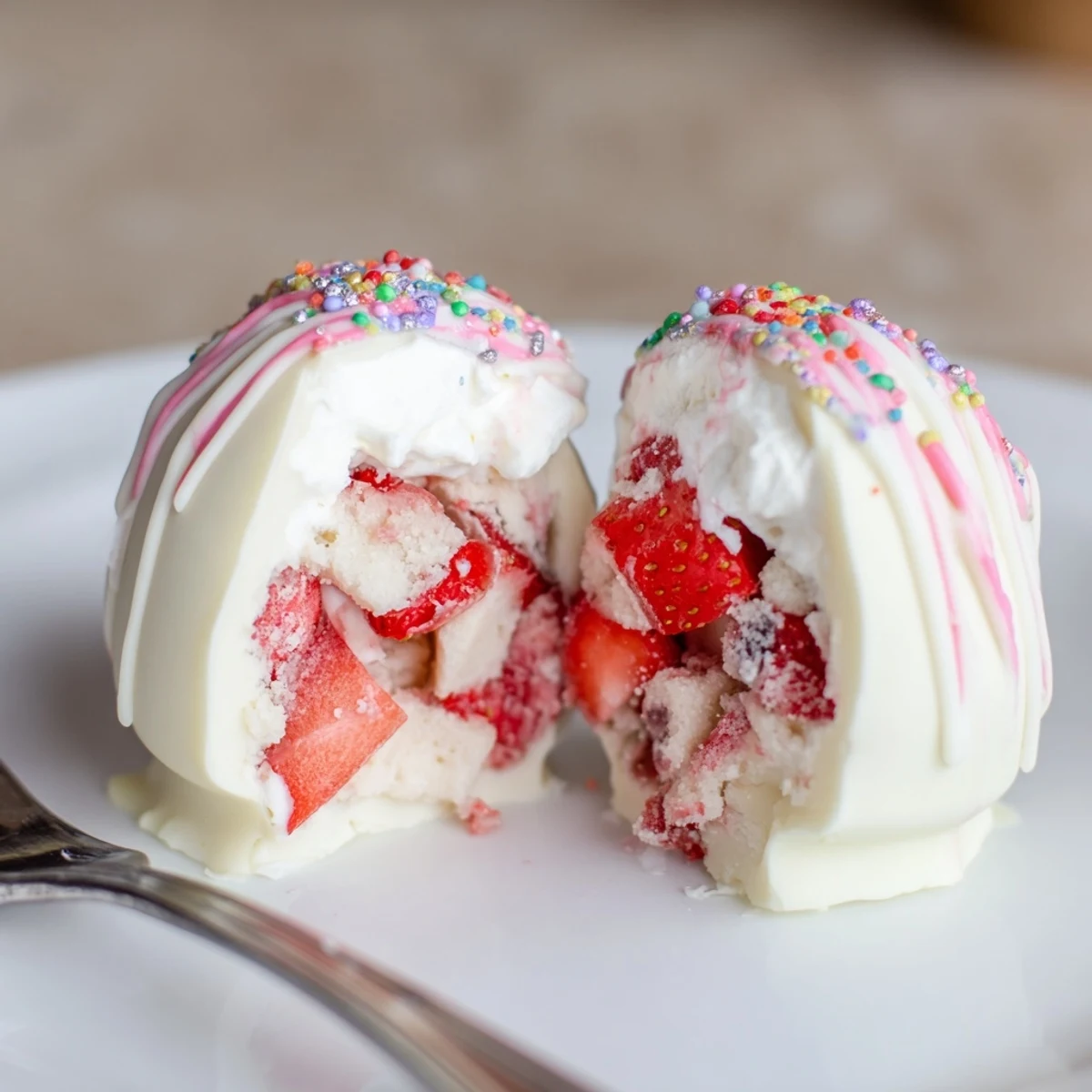 White chocolate shells hold Strawberry Shortcake Easter Egg Bombs, chilled with pastel sprinkles.