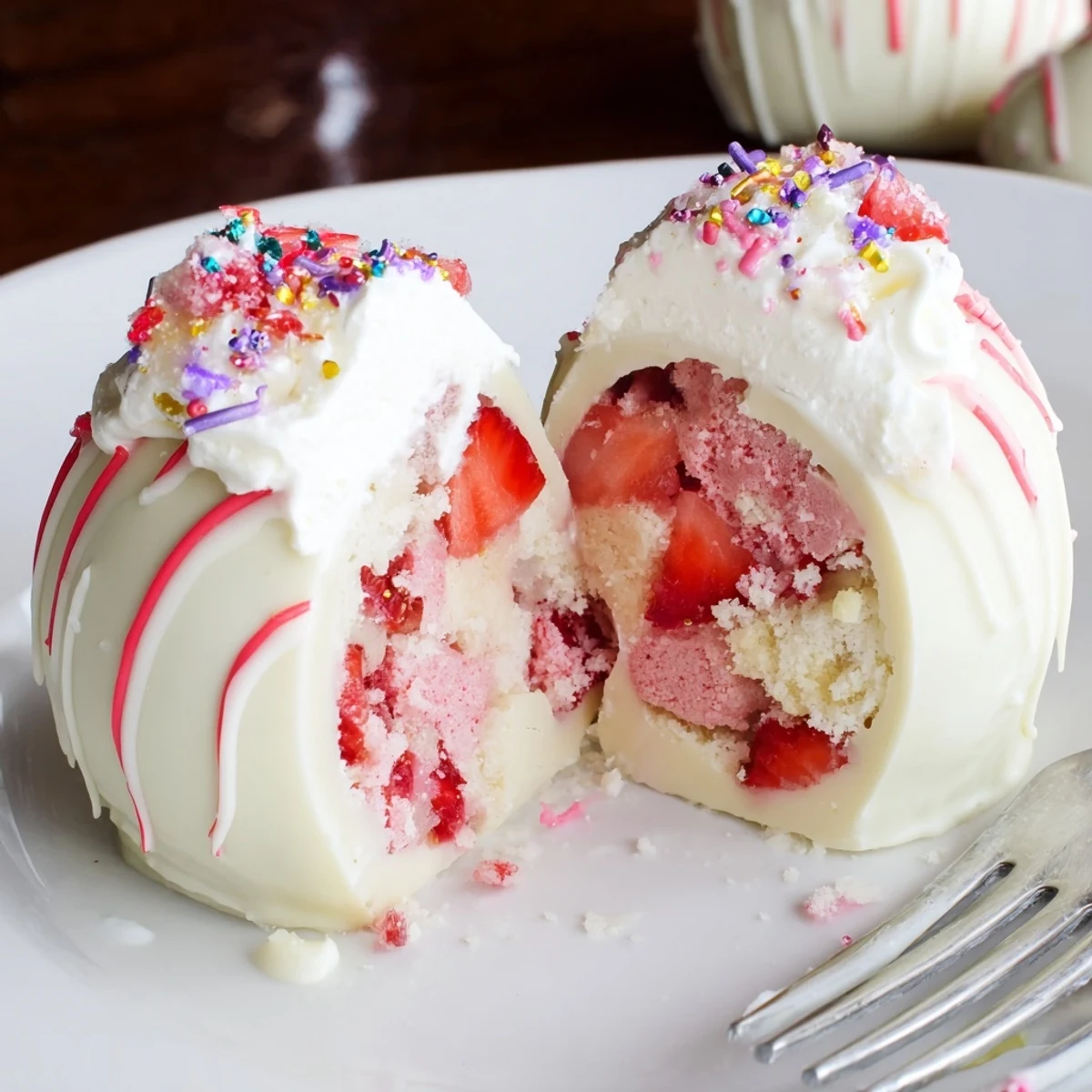 Strawberry Shortcake Easter Egg Bombs bursting with whipped cream and macerated strawberries.
