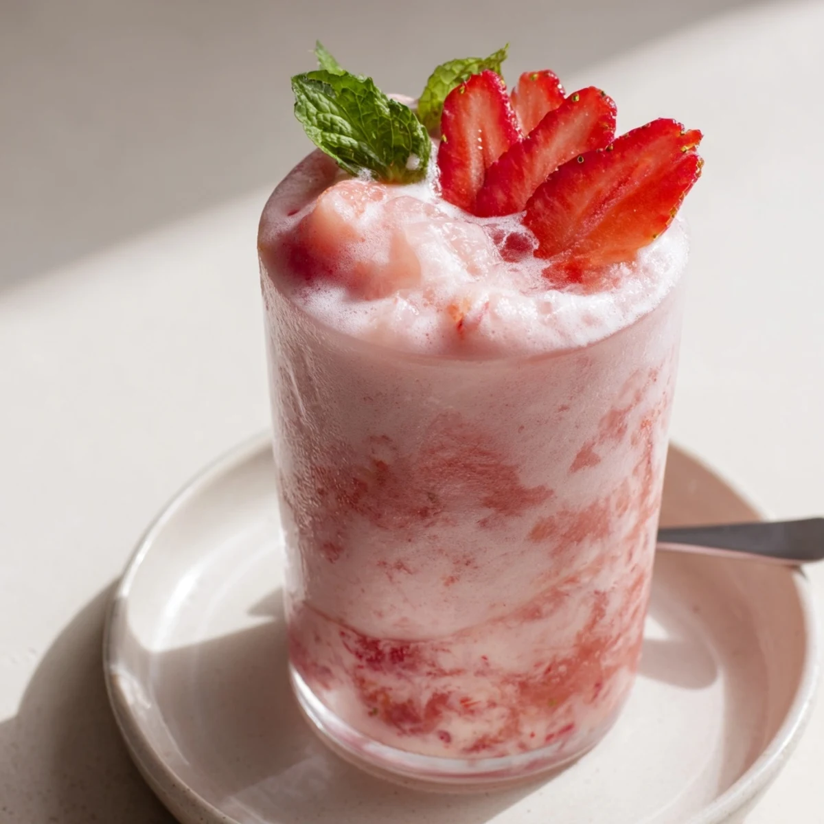 Frothy Strawberry Coconut Cooler Recipe topped with mint and sliced strawberries  