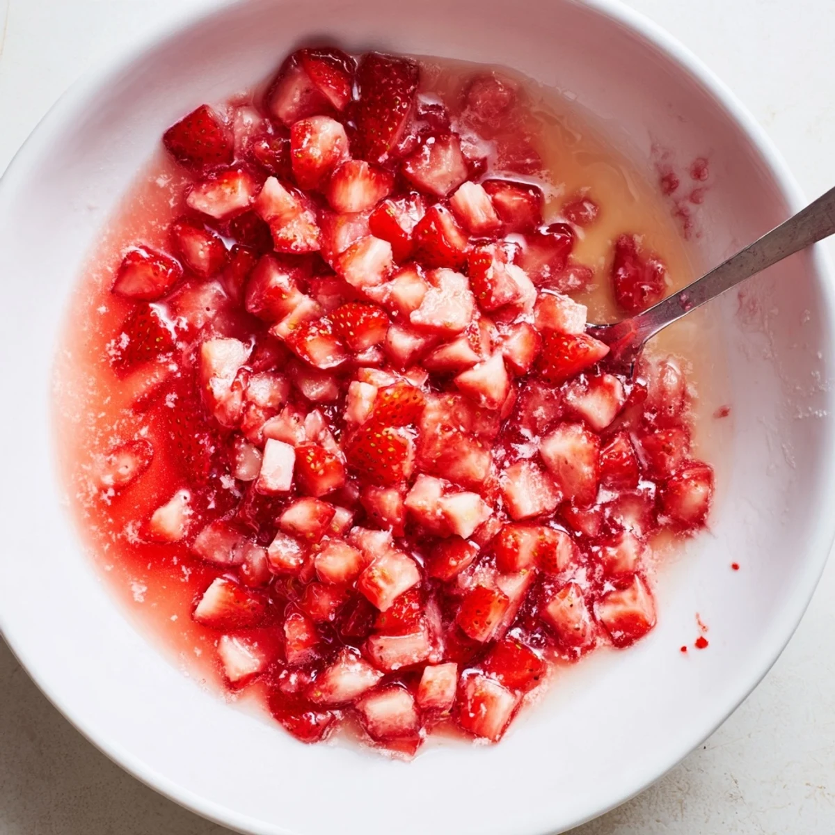 Strawberry Cake Filling Recipe glossy, bright red spoonful layered between vanilla cake