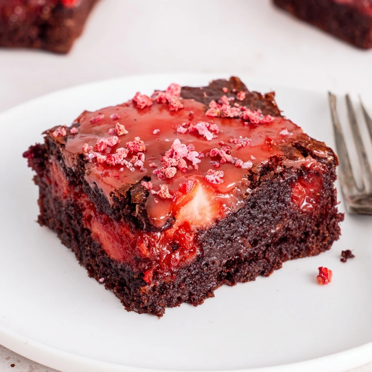 Strawberry Brownies Recipe: fudgy squares glazed with pink strawberry icing, sliced