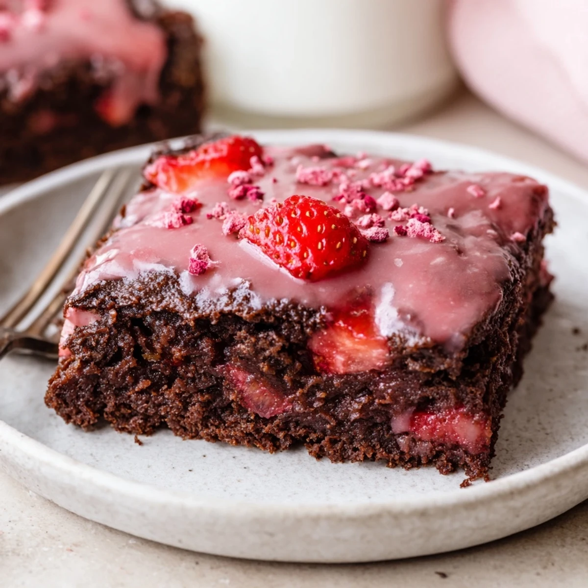 Easy Strawberry Brownies Recipe delivers moist cocoa crumb and bright strawberry glaze