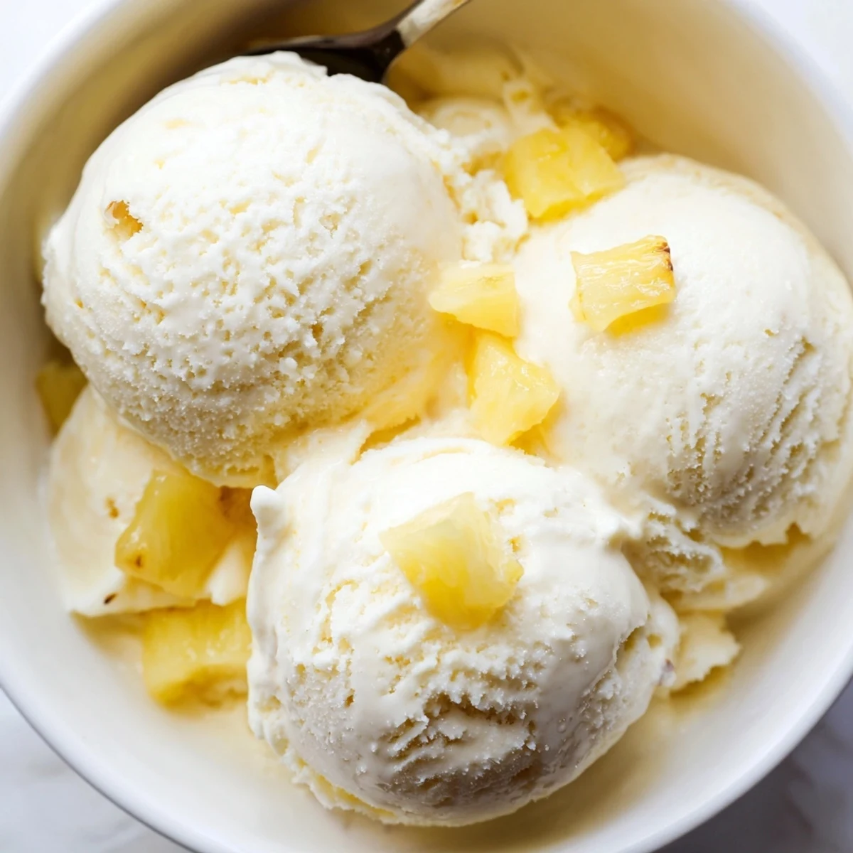 Homemade Creamy Pineapple Ice Cream flecked with juicy bites, silky texture.