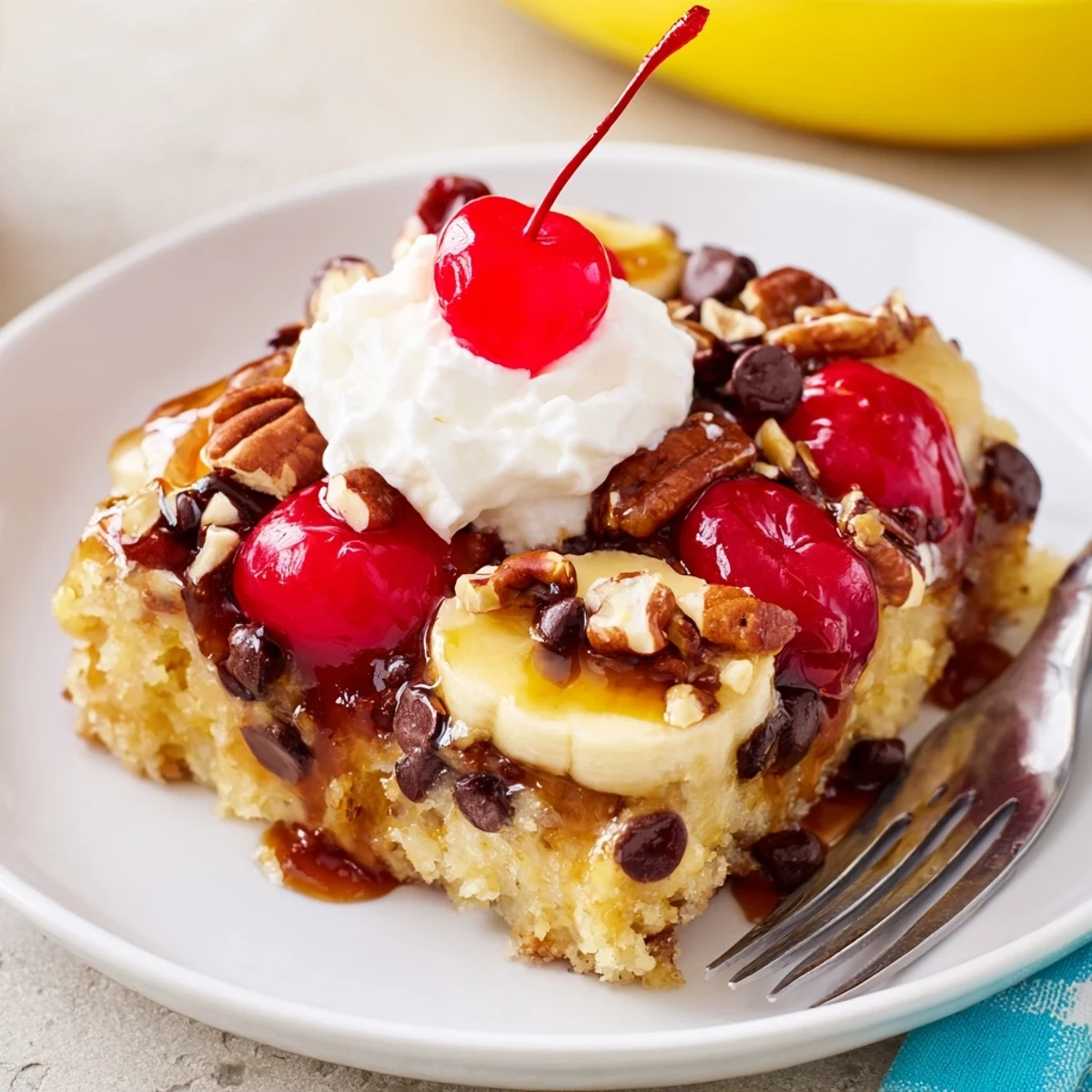 Warm Banana Split Dump Cake bubbling in a dish, topped with whipped cream