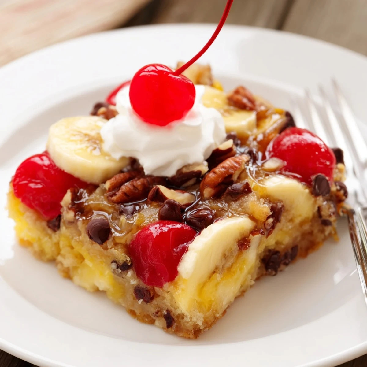 Sliced bananas and cherries peek from a golden Banana Split Dump Cake