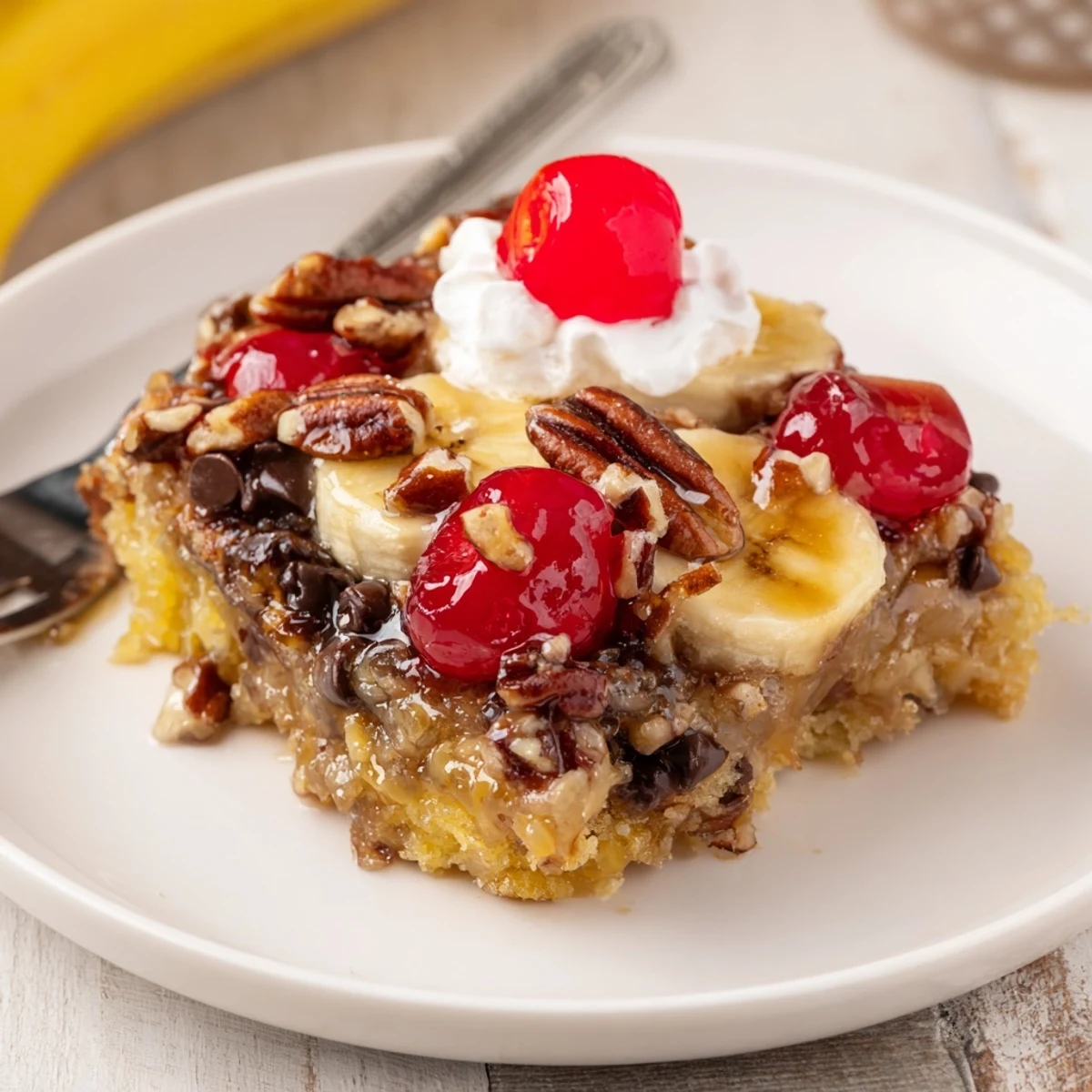 Freshly baked Banana Split Dump Cake served with vanilla ice cream and syrup