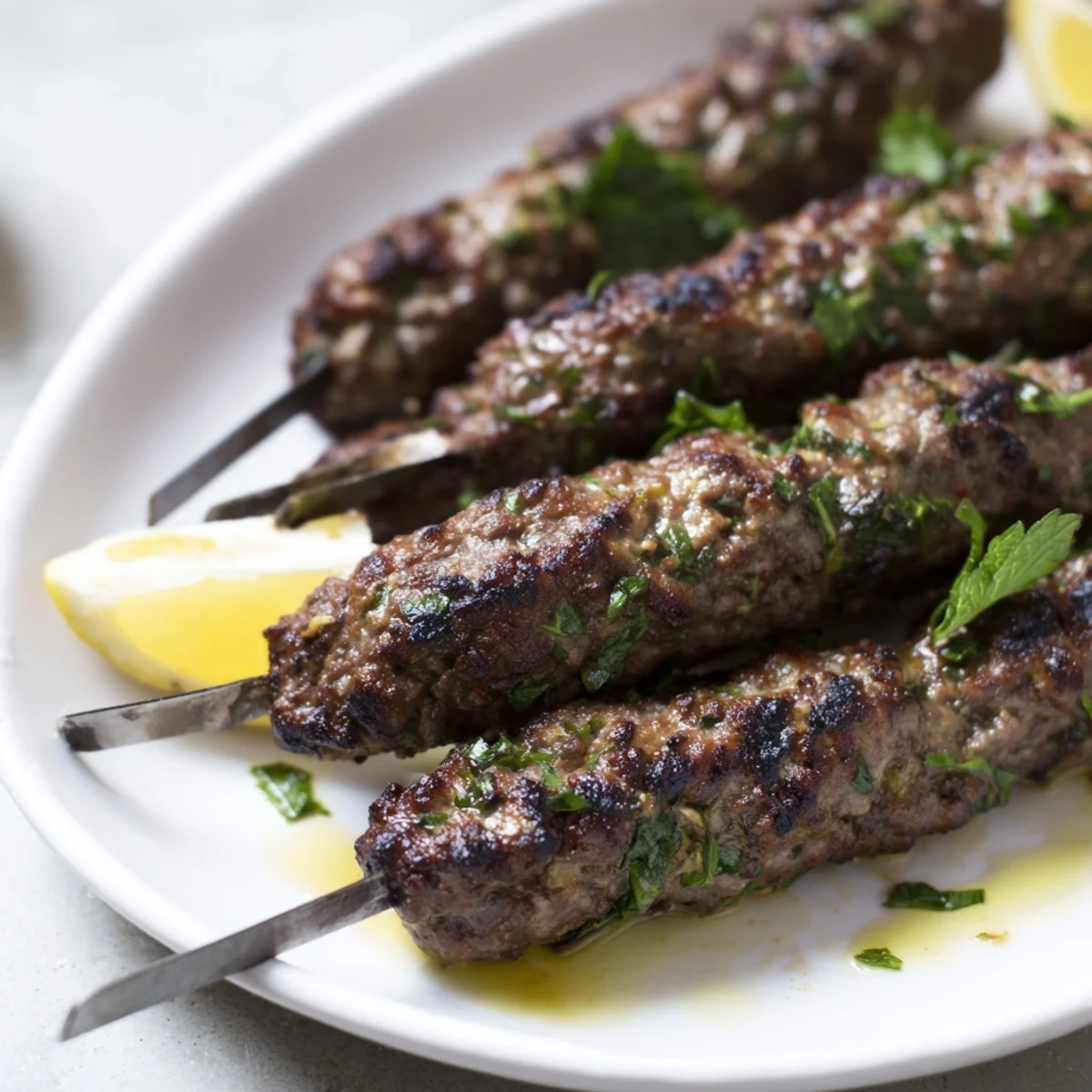 Golden brown Lamb Kofta Kebabs sizzling on the grill with char marks and fresh herbs