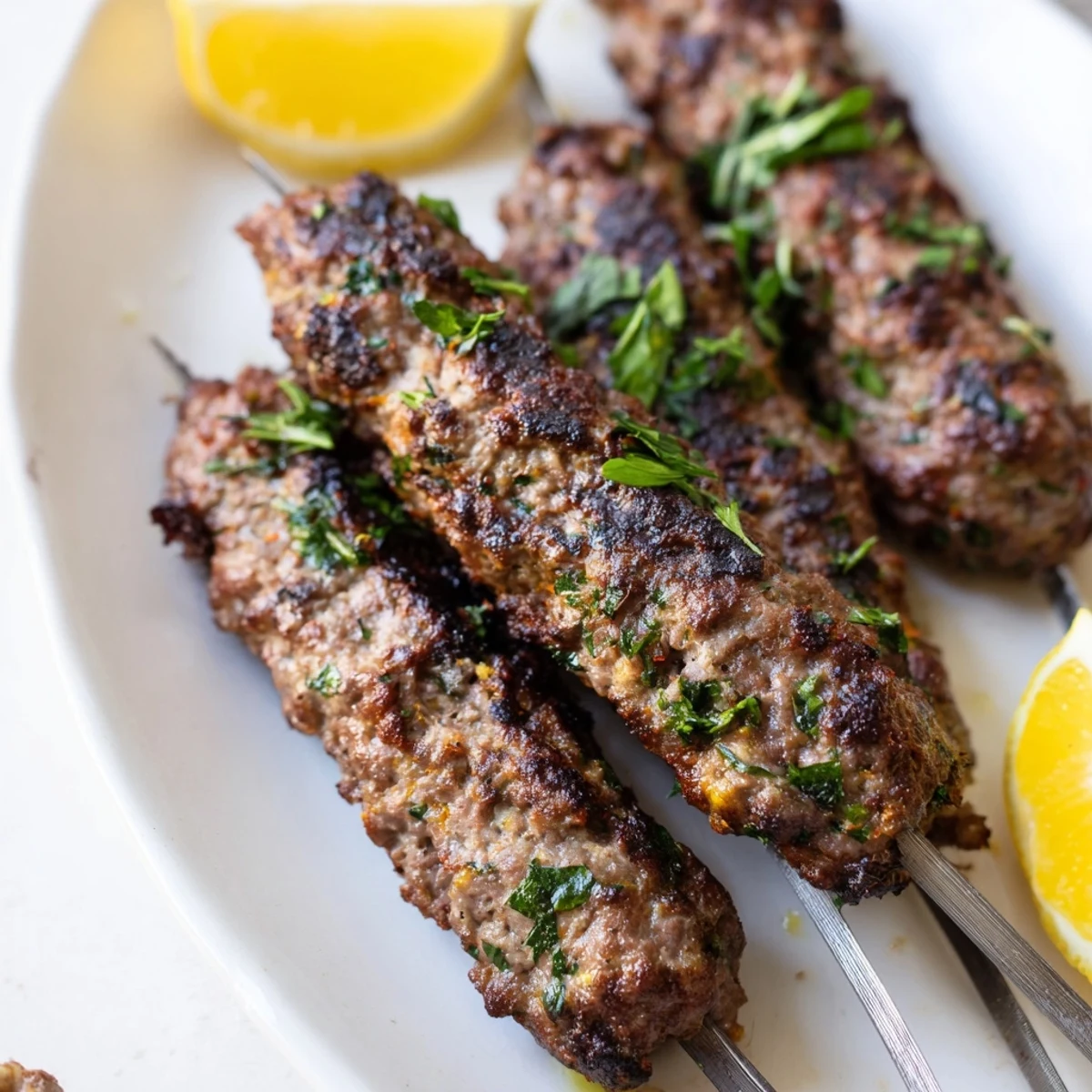 Homemade Lamb Kofta Kebabs on skewers featuring aromatic spices and a tender, moist texture
