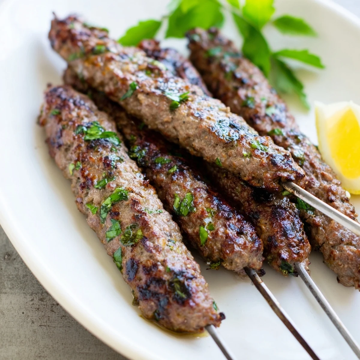 Juicy grilled Lamb Kofta Kebabs served on a platter with lemon wedges and mint