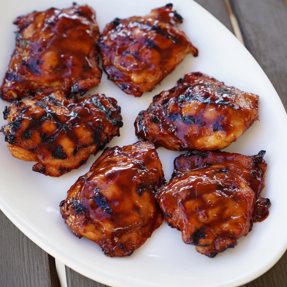Juicy grilled BBQ chicken thighs with caramelized char marks and tangy barbecue glaze