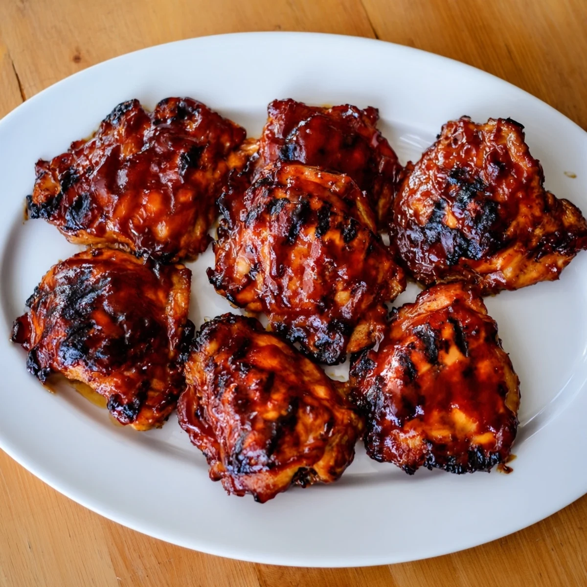 Tender oven-baked BBQ chicken thighs brushed with sweet and smoky barbecue sauce