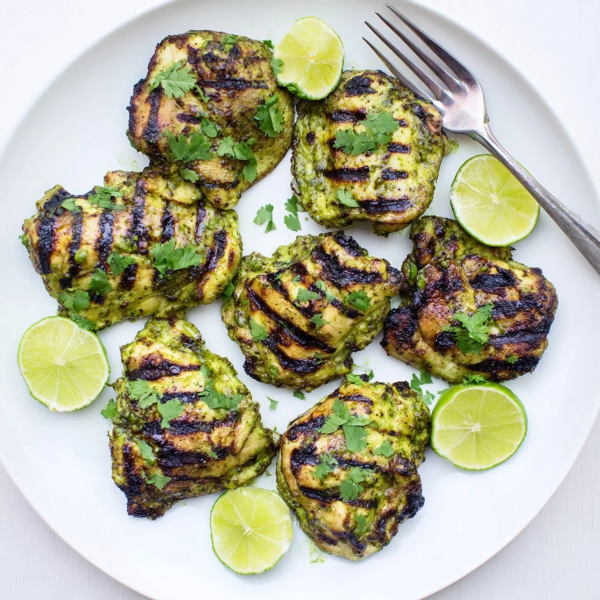Golden grilled cilantro lime chicken thighs with charred edges and fresh herb garnish