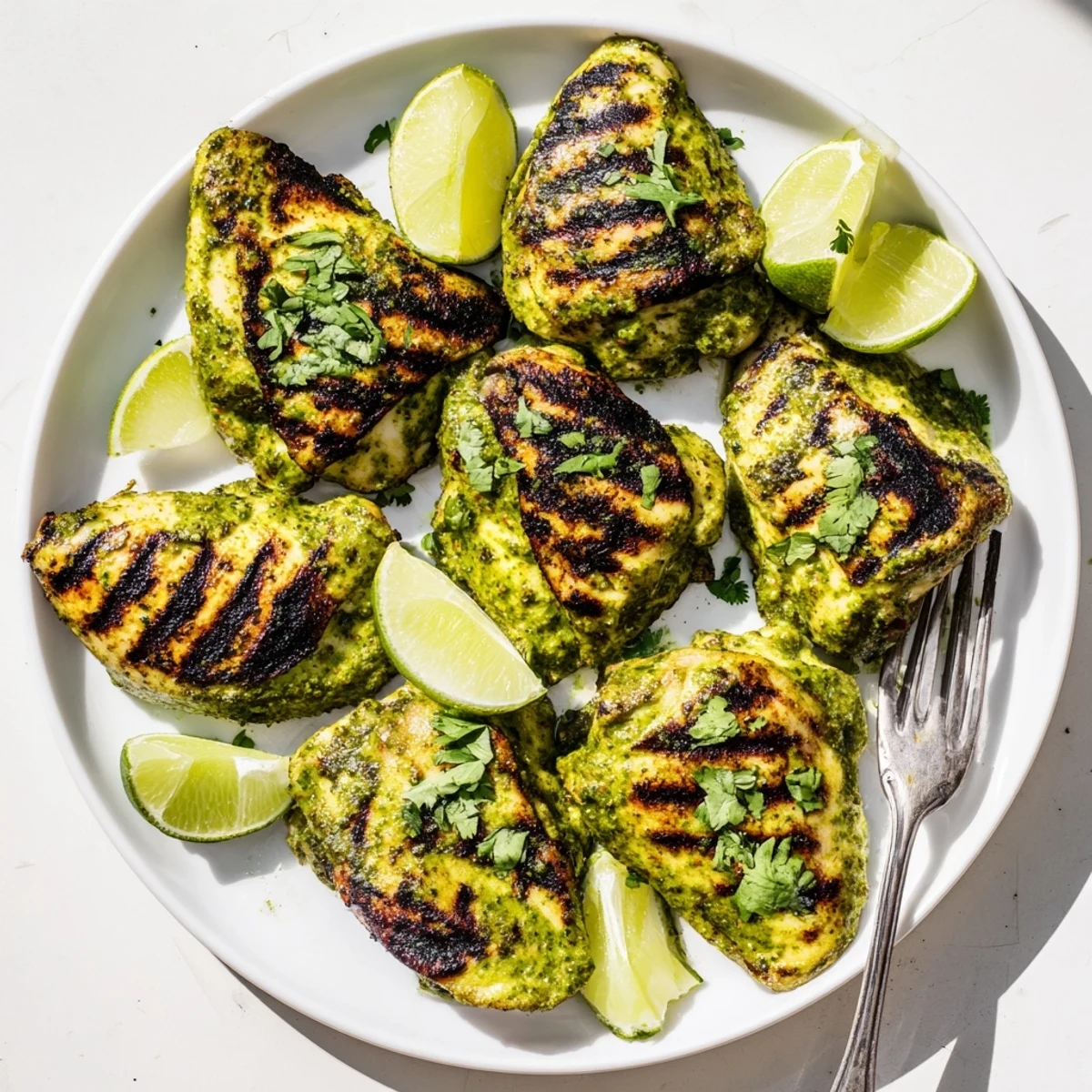 Juicy Mexican chicken thighs marinated in zesty lime and cilantro on a grill platter