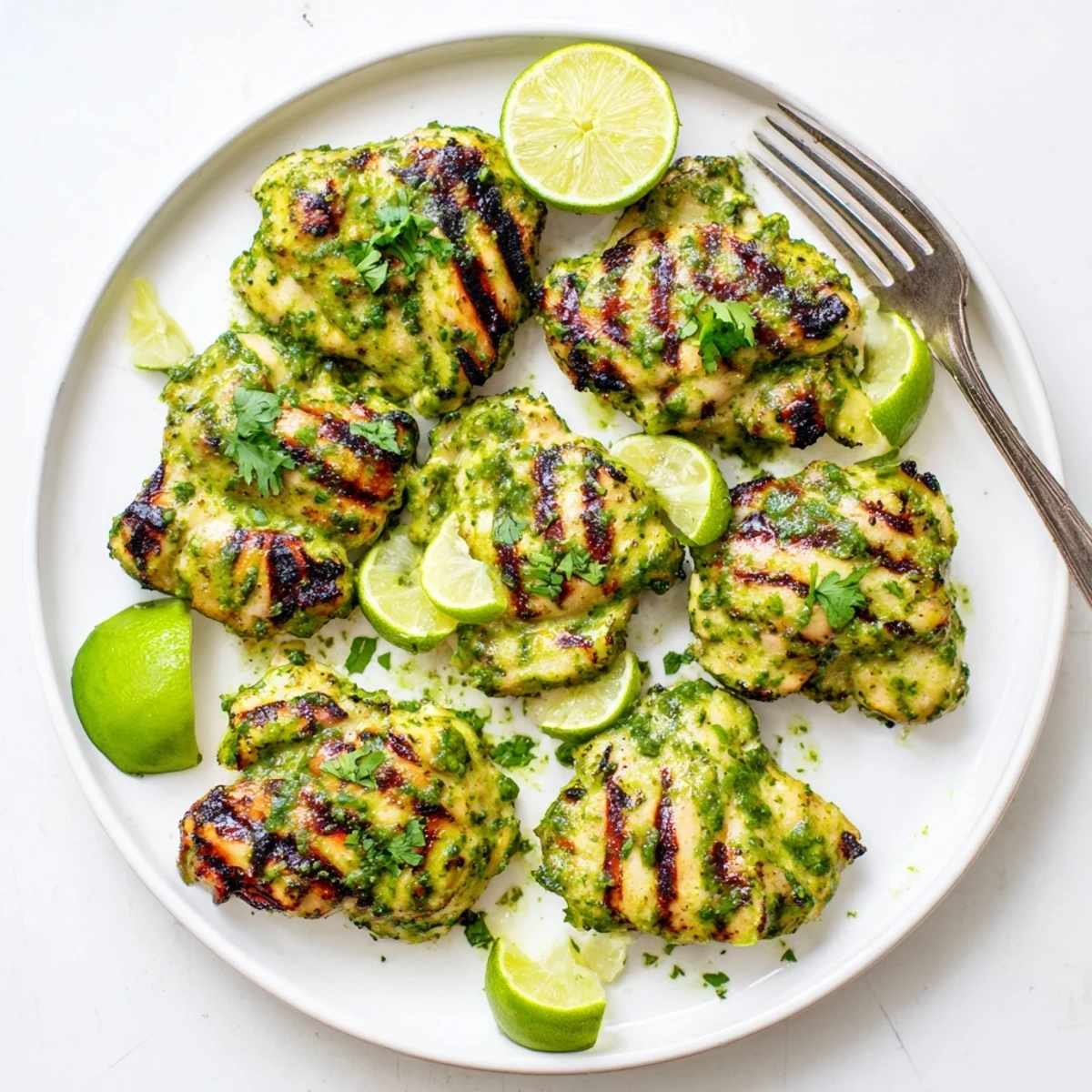 Perfectly grilled chicken thighs with vibrant cilantro lime marinade and grill marks