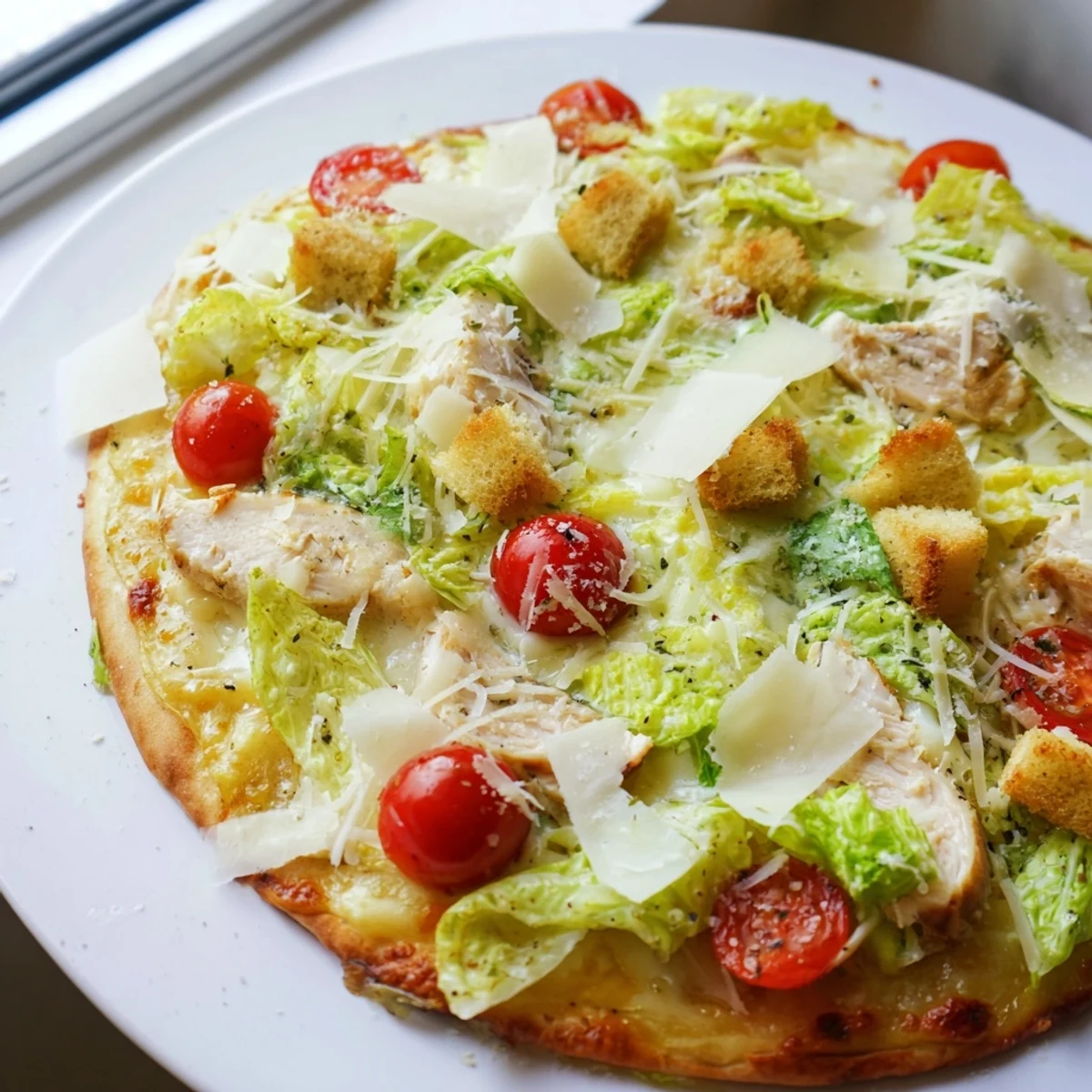 Golden Chicken Caesar Salad Pizza topped with fresh romaine lettuce and melted mozzarella cheese