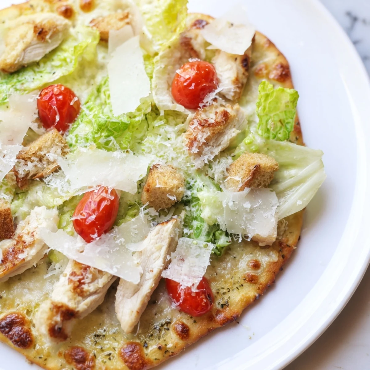 Crispy pizza crust layered with juicy chicken and creamy Caesar dressed romaine lettuce