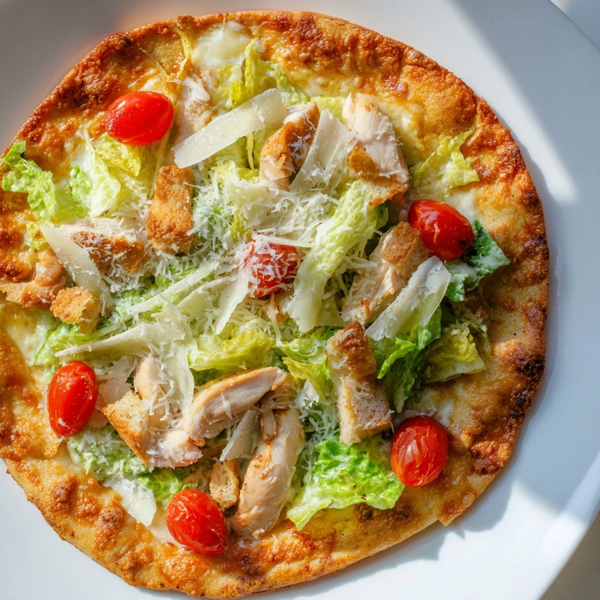 Sliced Chicken Caesar Salad Pizza with bubbling cheese and crisp salad topping on golden crust