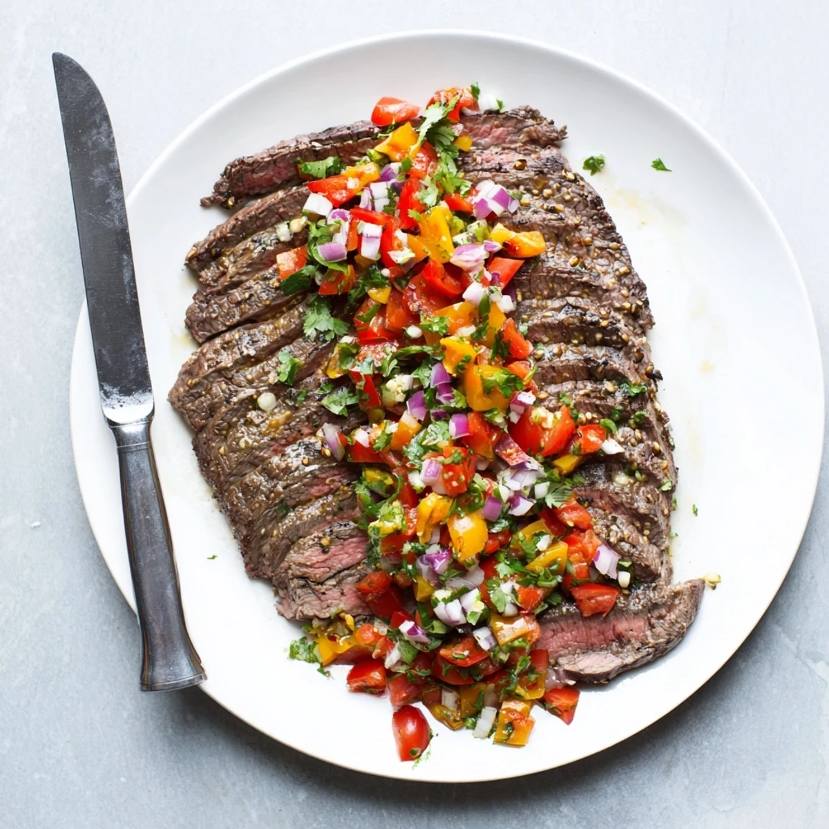 Juicy grilled flank steak topped with vibrant poblano pico garnish and fresh cilantro