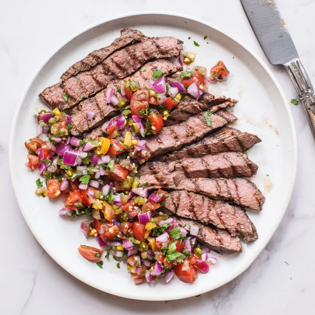 Sliced grilled flank steak with poblano pico recipe served on white platter