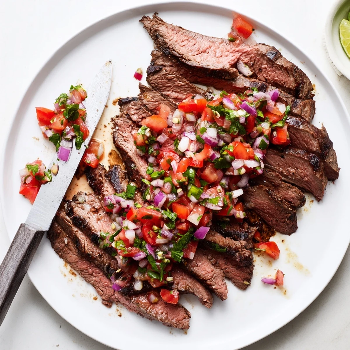 Perfect summer dinner of grilled flank steak with spicy poblano pico recipe