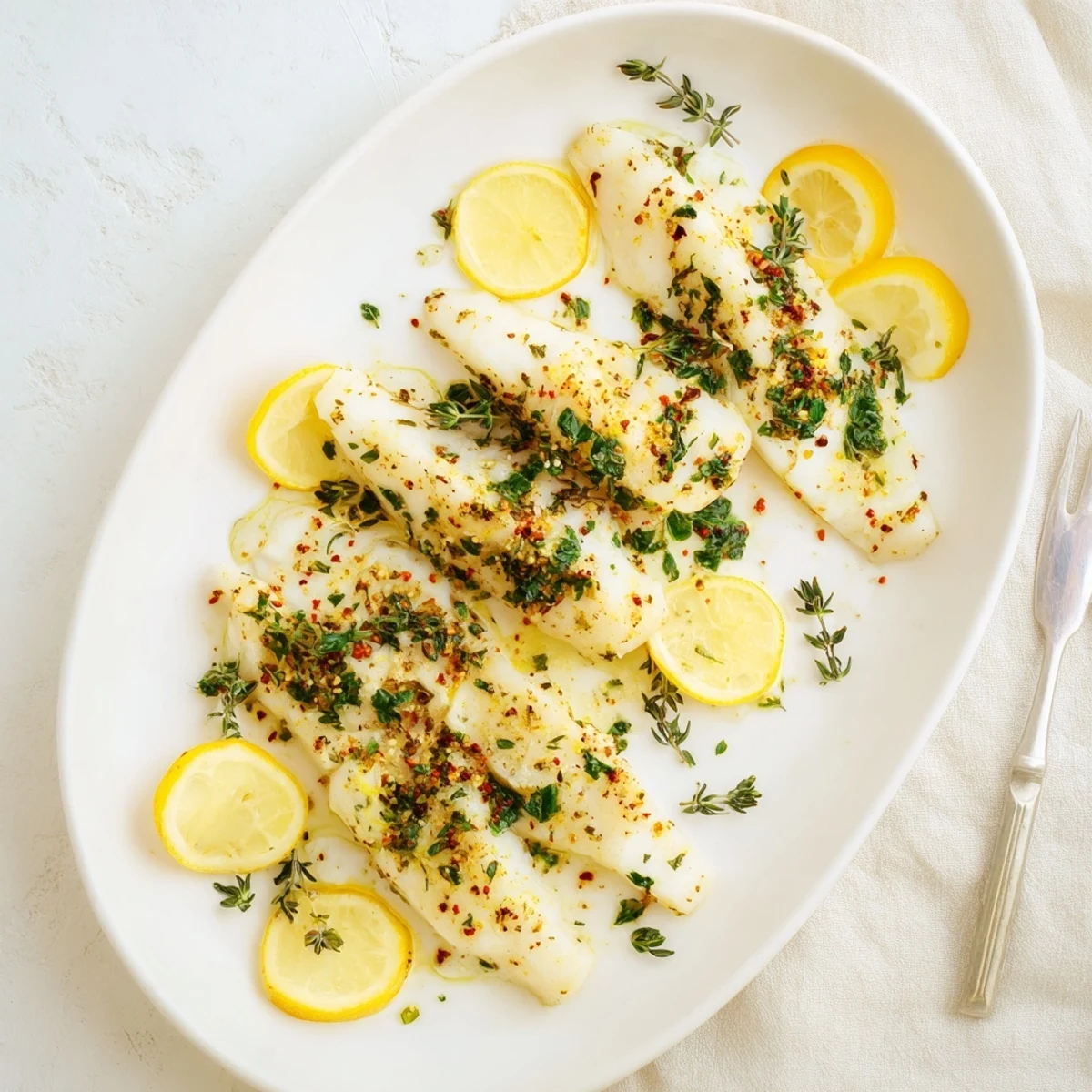 Golden baked cod fillets with fresh lemon slices and green herbs on a white baking dish