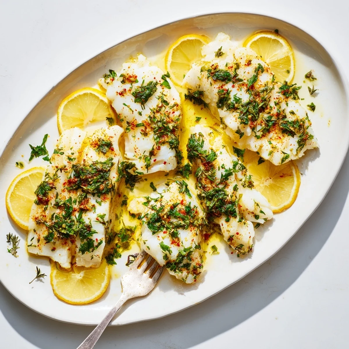 Healthy baked cod with lemon wedges and thyme sprinkled over the moist white fish fillets