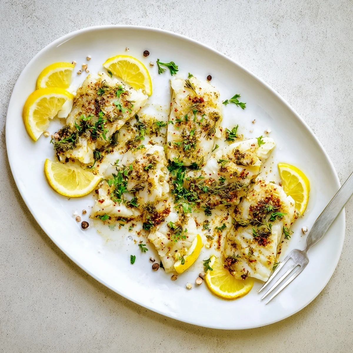 Flaky tender baked cod seasoned with garlic lemon juice and parsley ready for dinner