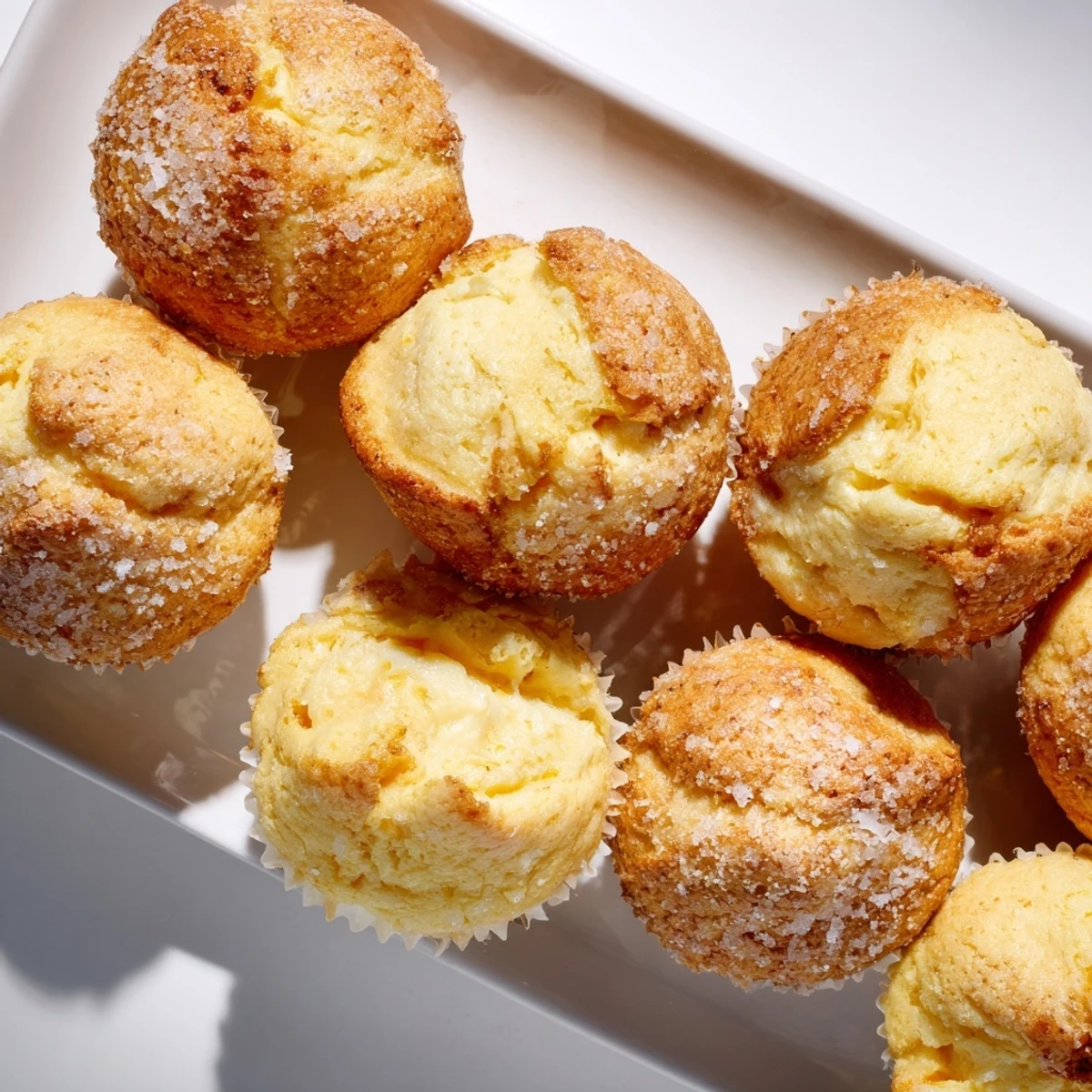 Freshly baked lemon cream cheese muffins split open revealing creamy citrus center filling