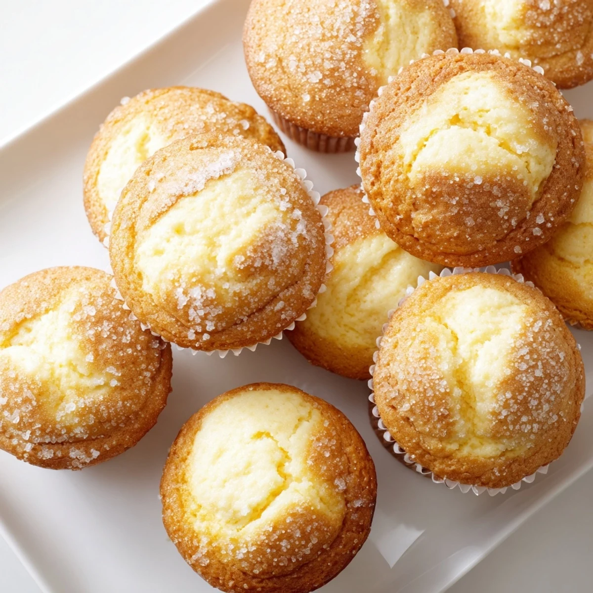 Golden lemon cream cheese muffins topped with coarse sugar, cooling on a wire rack