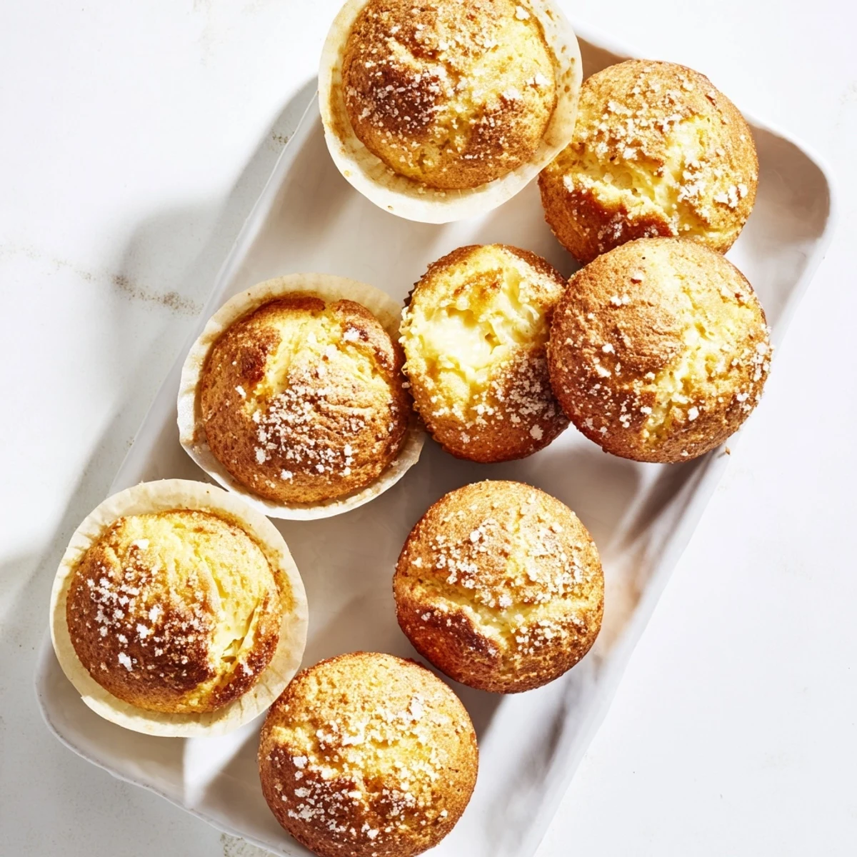 Batch of twelve bright lemon cream cheese muffins in paper liners with speckled tops
