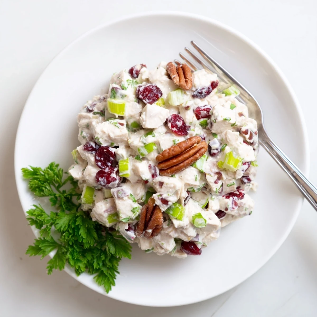 Homemade cranberry pecan chicken salad recipe featuring tender chicken chunks, red cranberries, and crunchy pecans in a creamy dressing