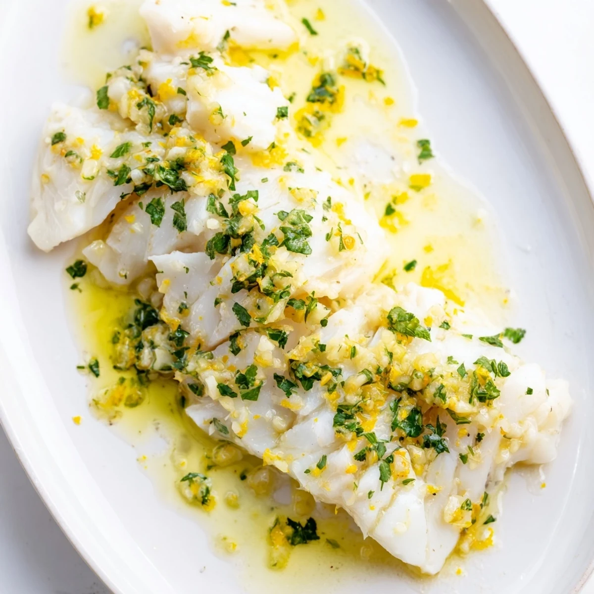 Golden pan-seared lemon garlic butter cod served with fresh parsley garnish on white plate
