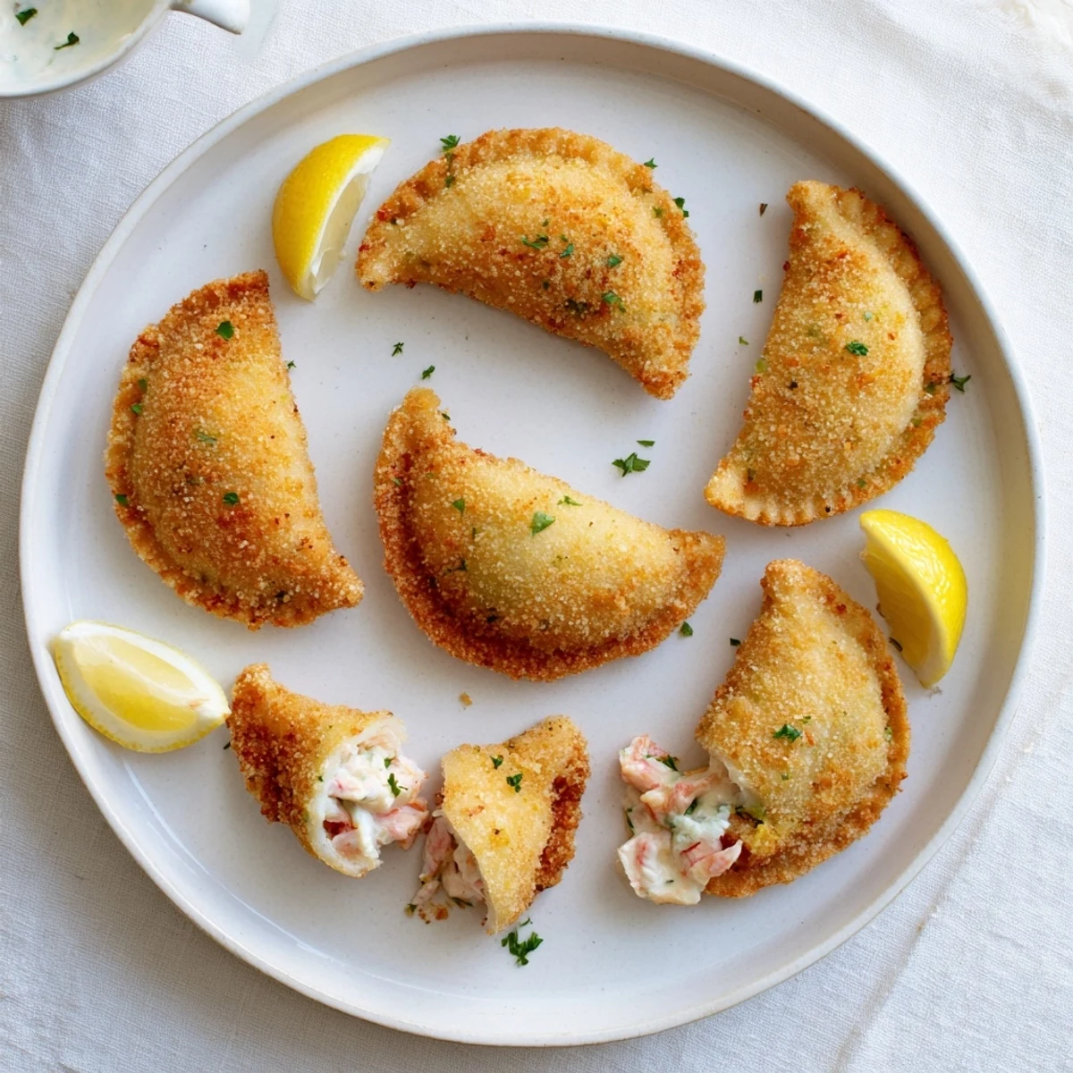 Golden brown Portuguese shrimp rissois arranged on a white serving plate with fresh parsley garnish