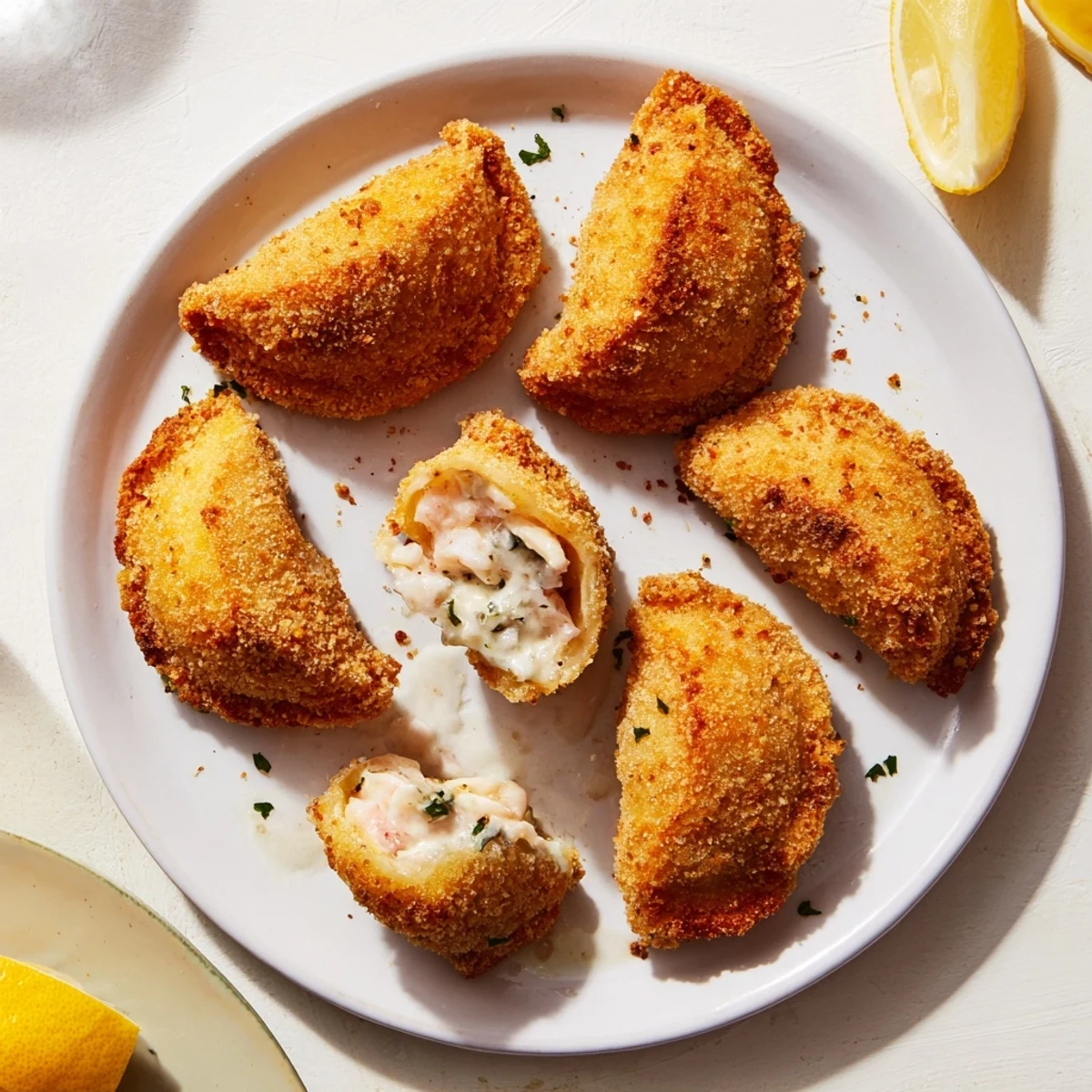 Crispy fried Portuguese shrimp rissois turnovers featuring a creamy seafood filling on a wooden board