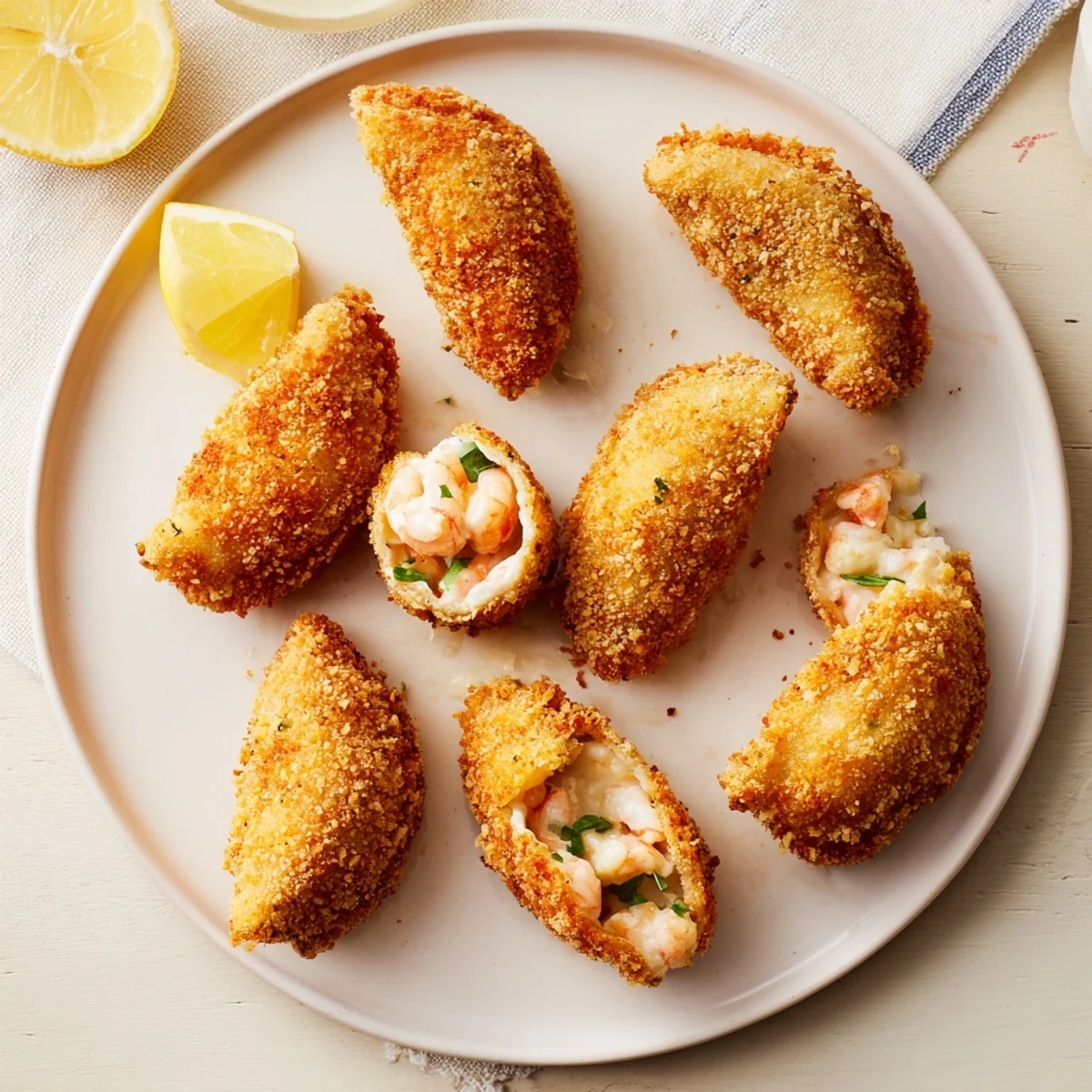 Homemade Portuguese shrimp rissois appetizers served warm with lemon wedges and dipping sauce