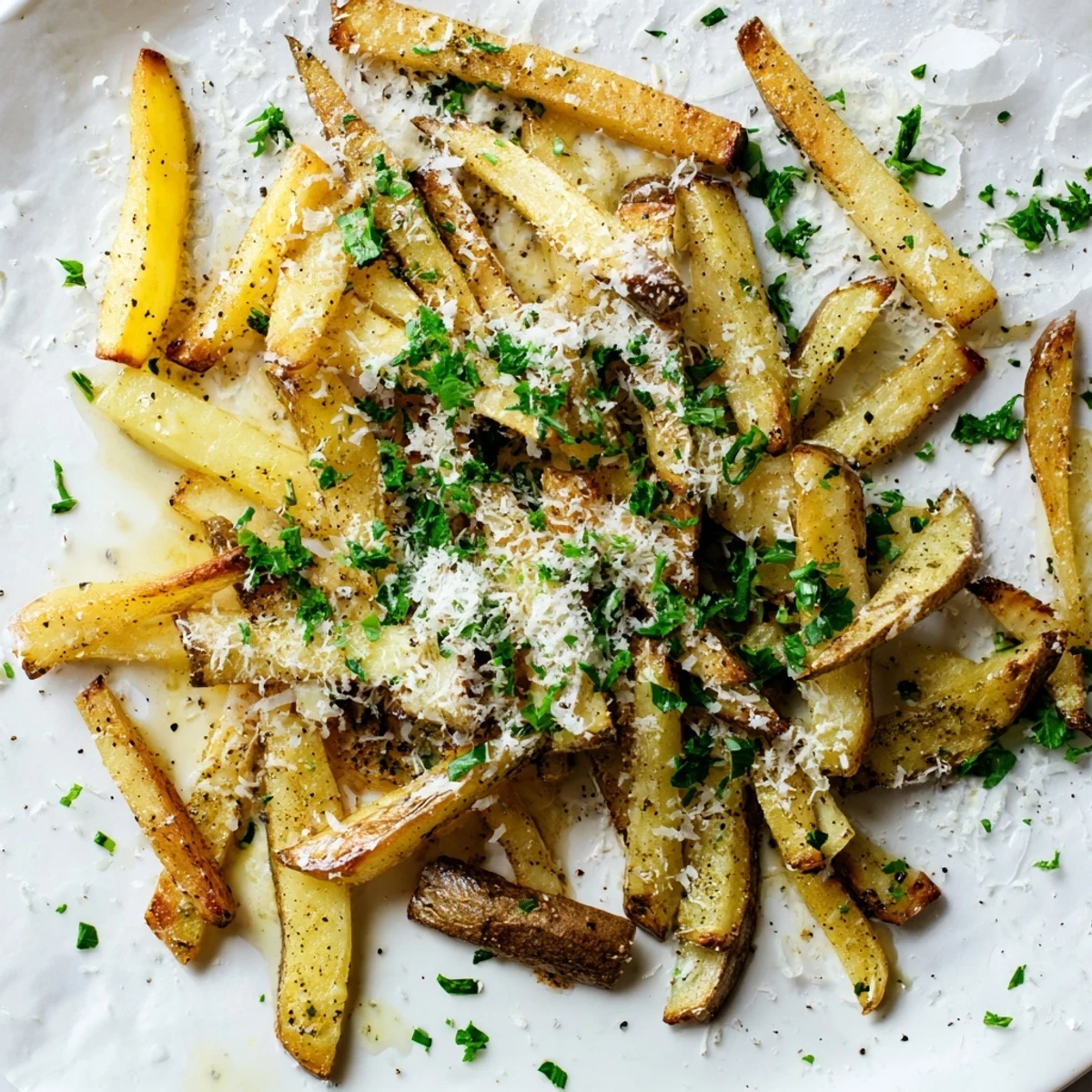 Golden homemade truffle fries piled high with grated Parmesan and fresh green parsley garnish