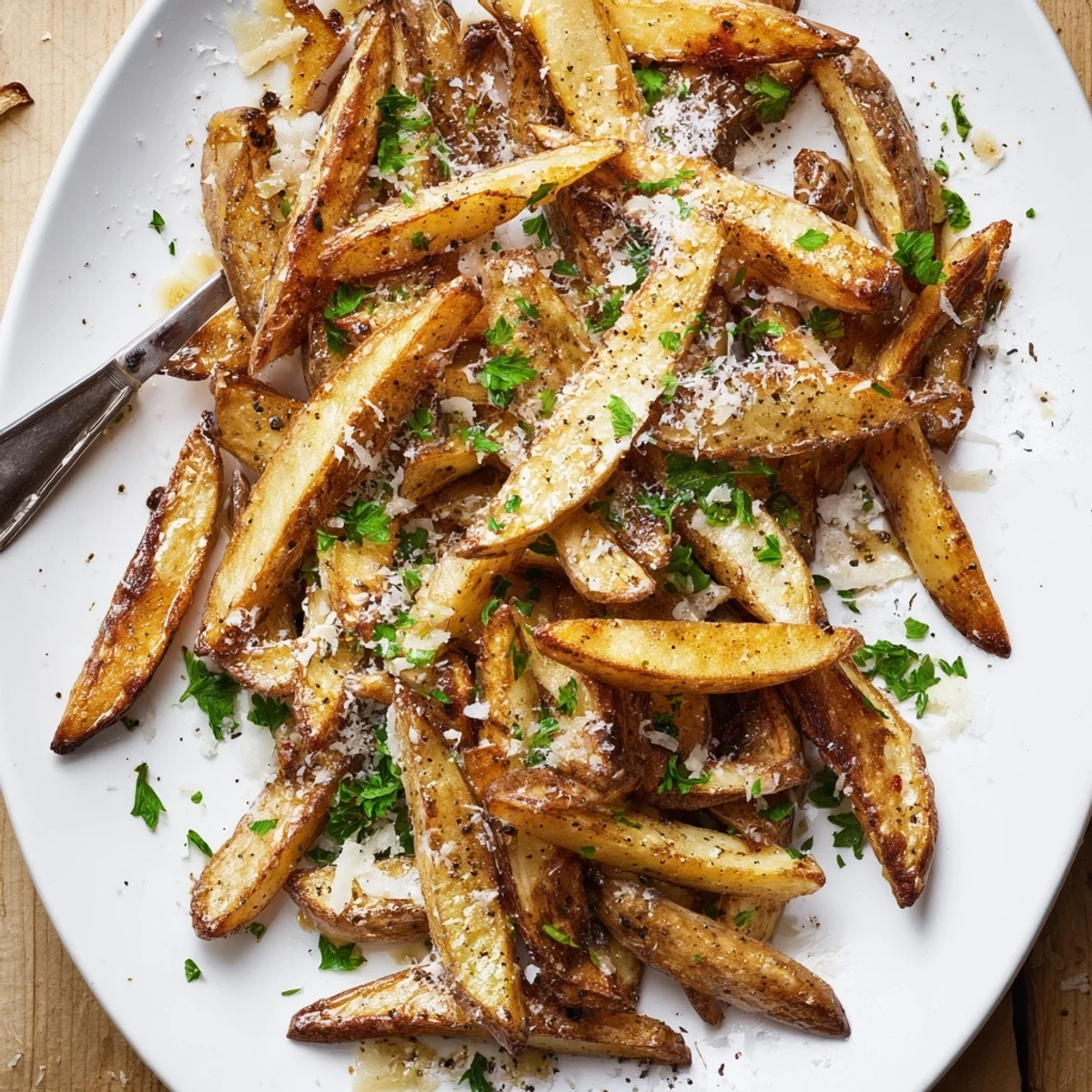 Crispy oven-baked truffle fries drizzled with aromatic oil and sprinkled with shaved Parmesan cheese
