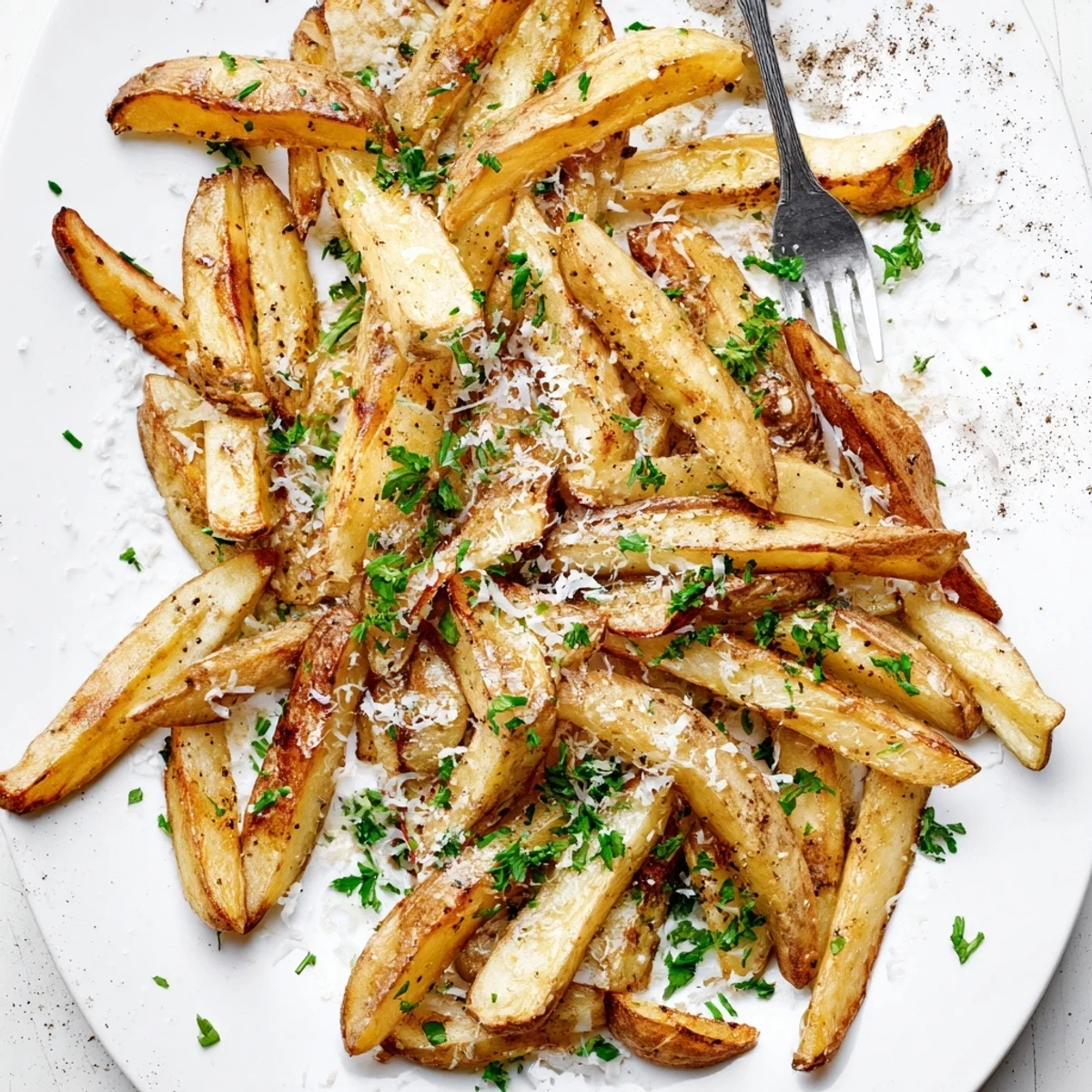 Steaming bowl of golden truffle fries topped with melting Parmesan and chopped fresh parsley