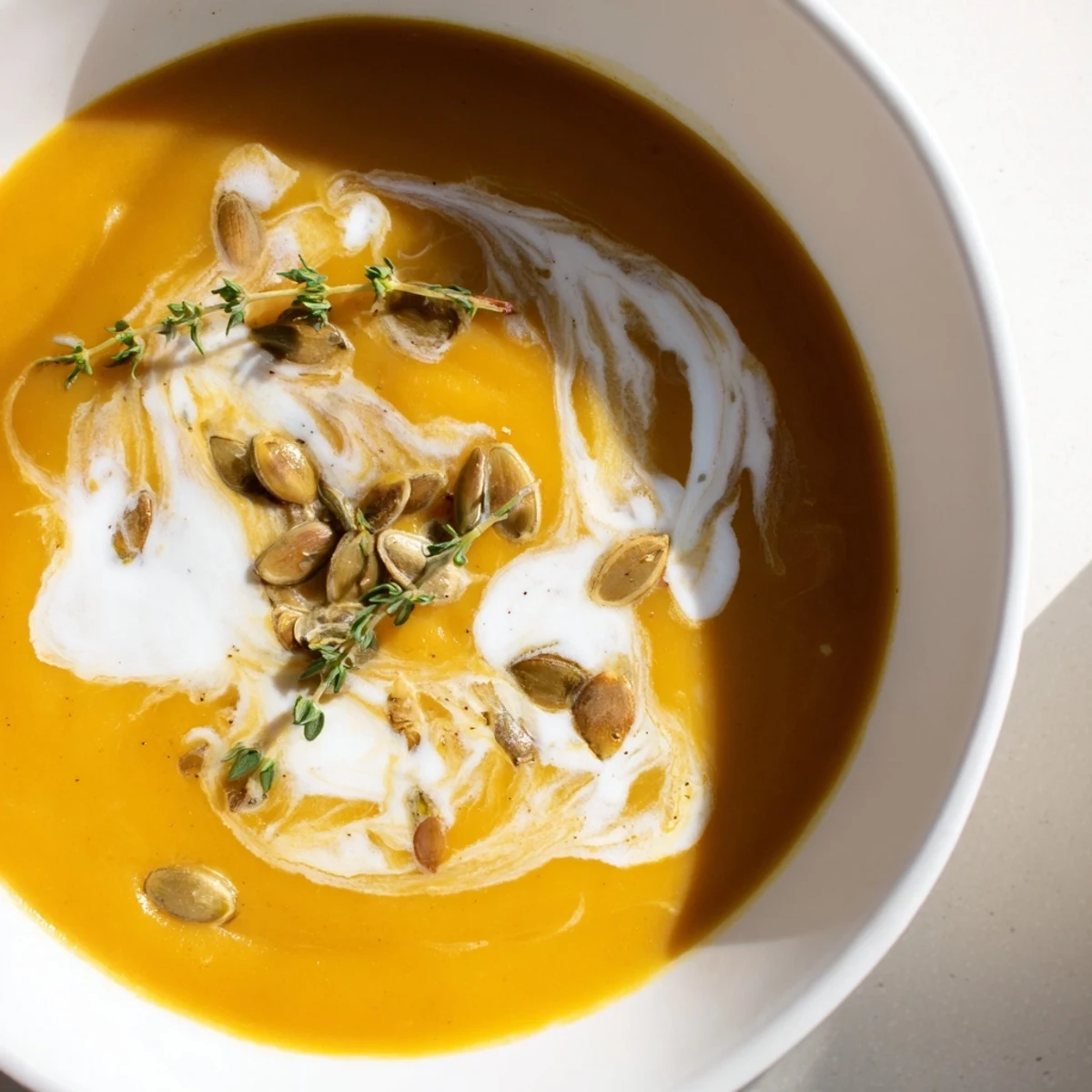 Creamy roasted butternut squash soup with golden caramelized vegetables and fresh thyme garnish
