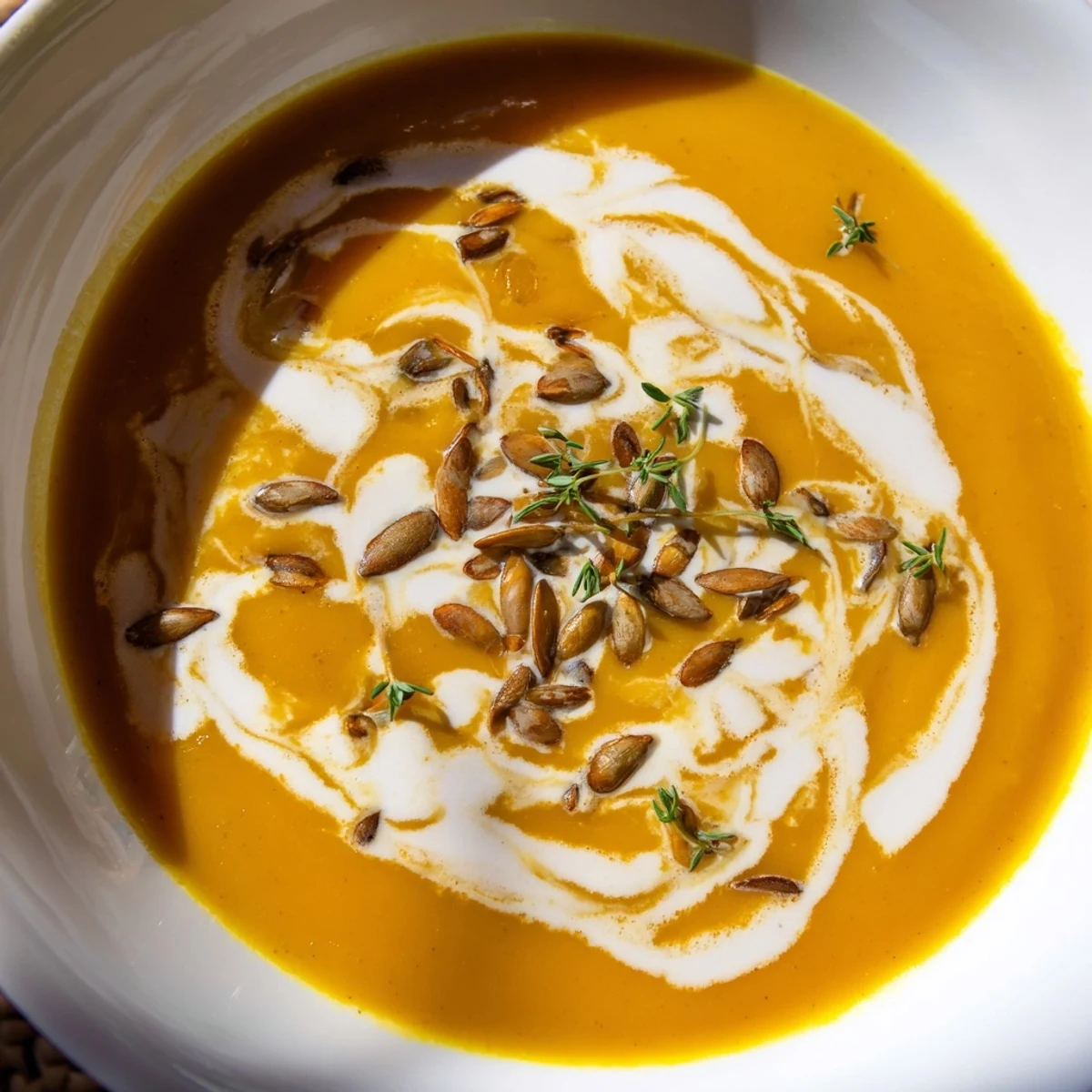 Silky smooth butternut squash soup bowl topped with toasted pumpkin seeds and cream swirl